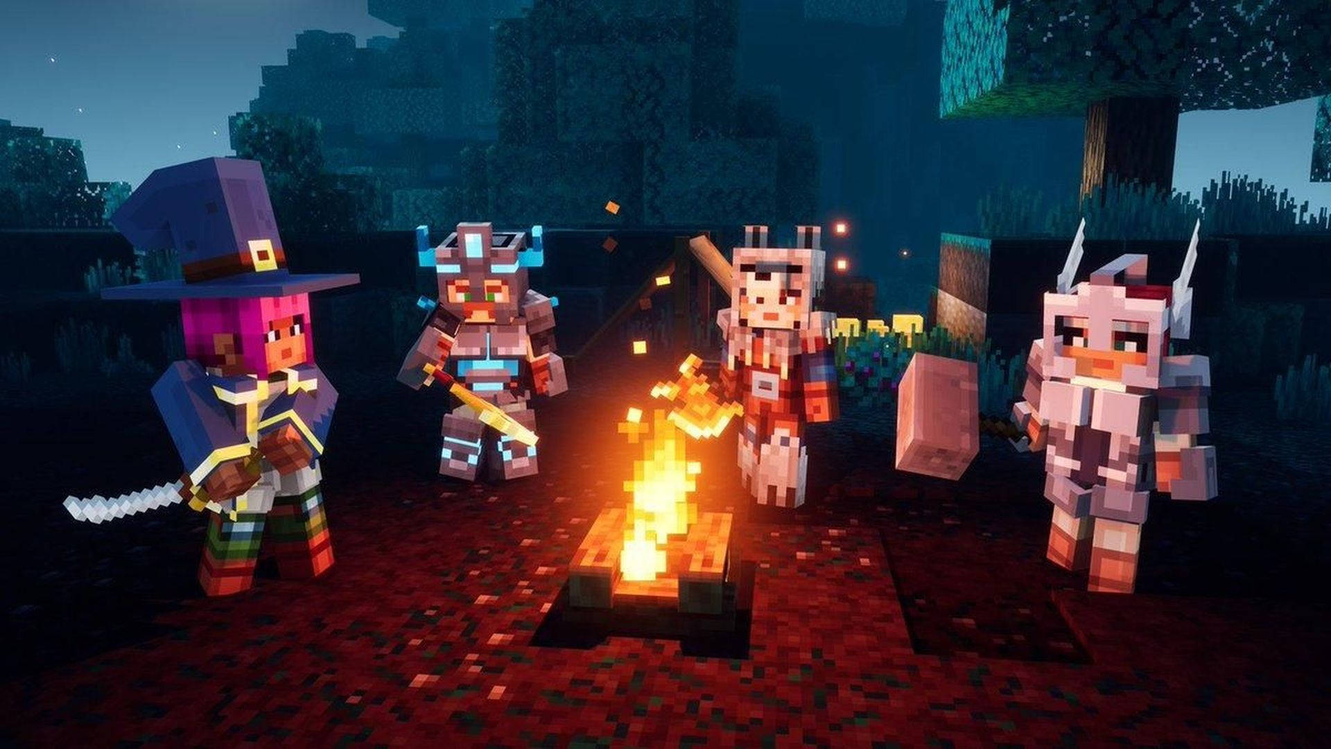 Minecraft Dungeons, bonfire, glowing campfire, Full HD Desktop Wallpaper