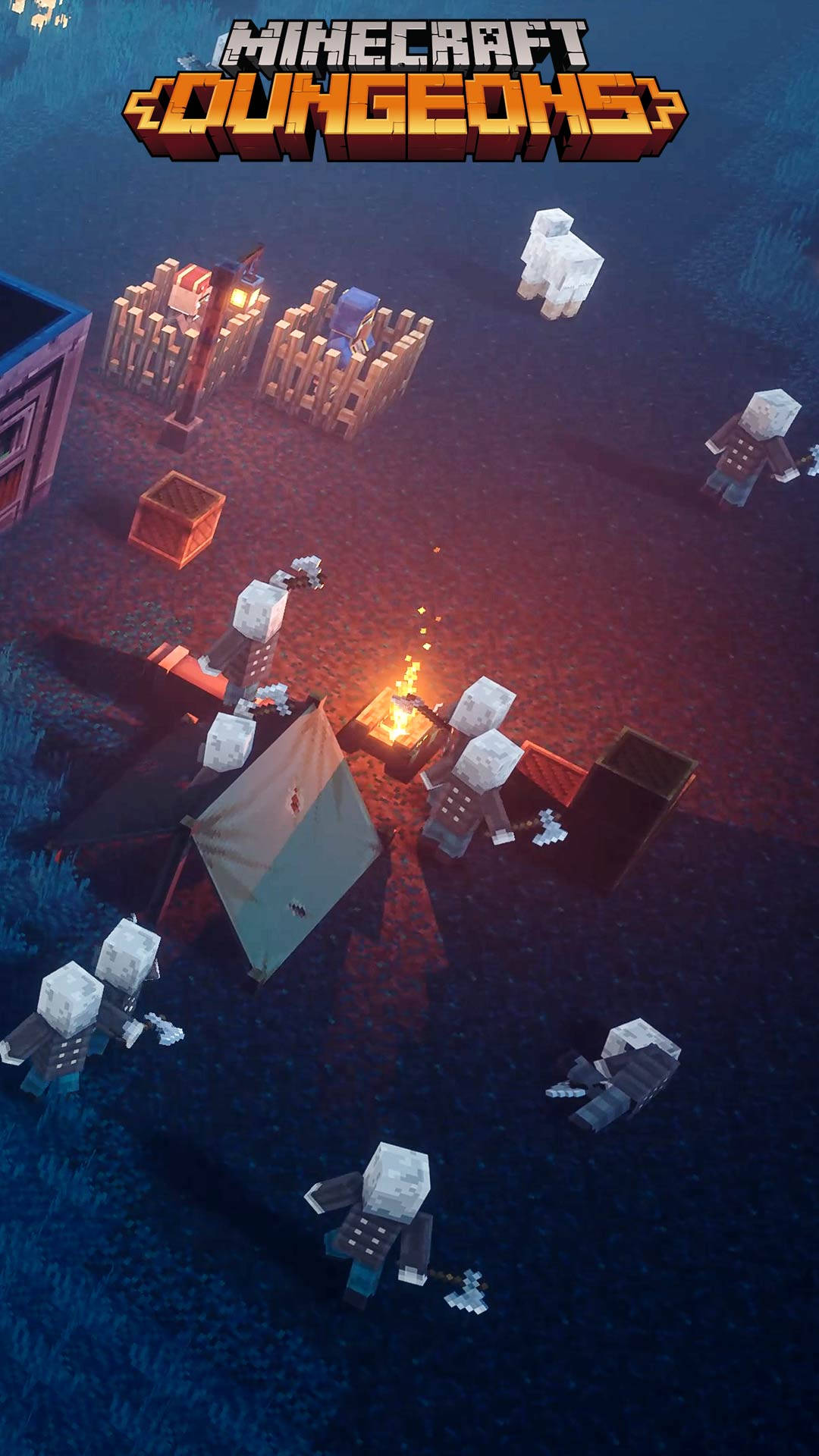 Minecraft Dungeons, campfire, pixelated characters, Full HD Phone Wallpaper