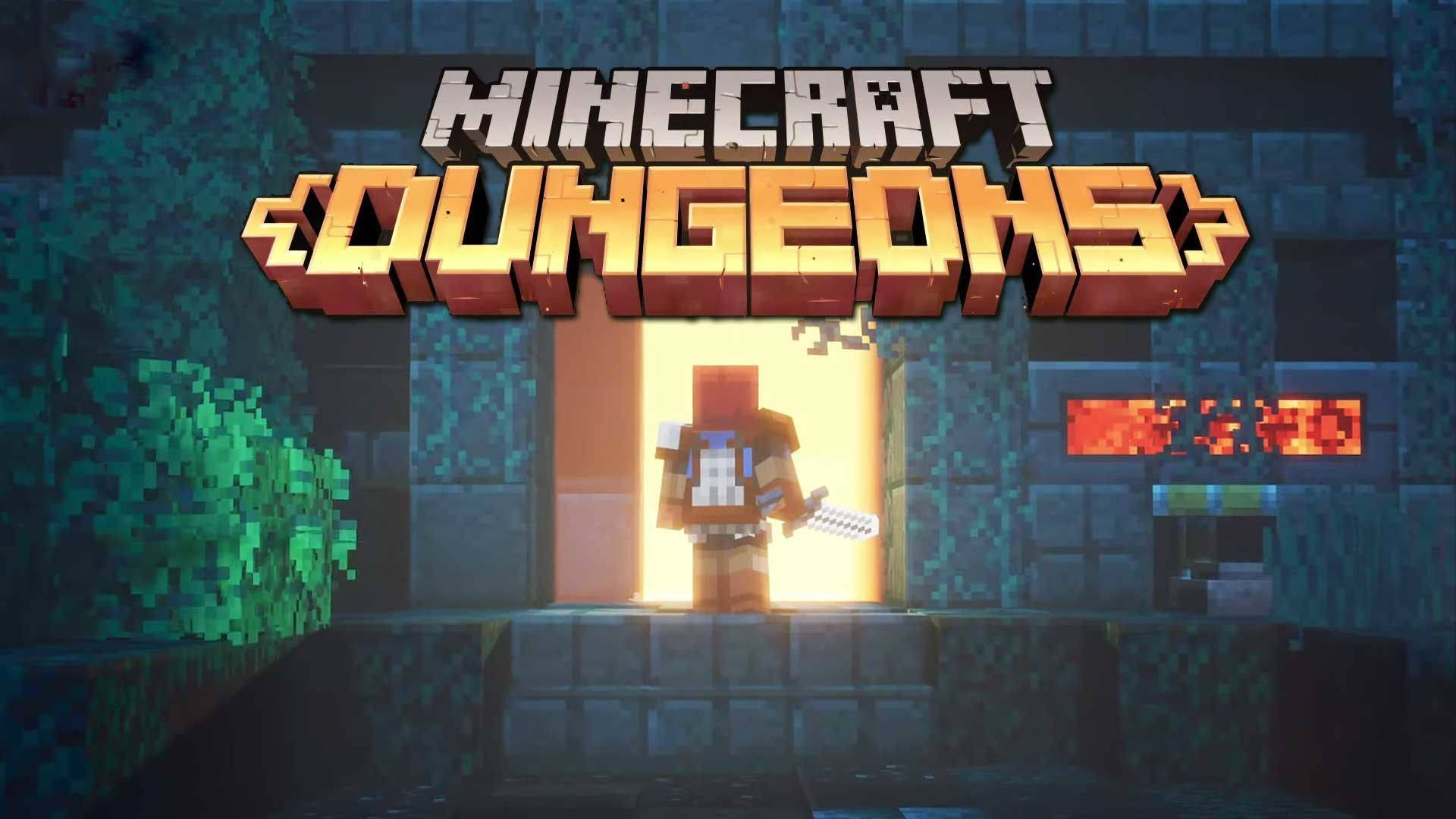 Minecraft Dungeons, pixelated Minecraft Dungeons hero, glowing doorway, Full HD Desktop Wallpaper