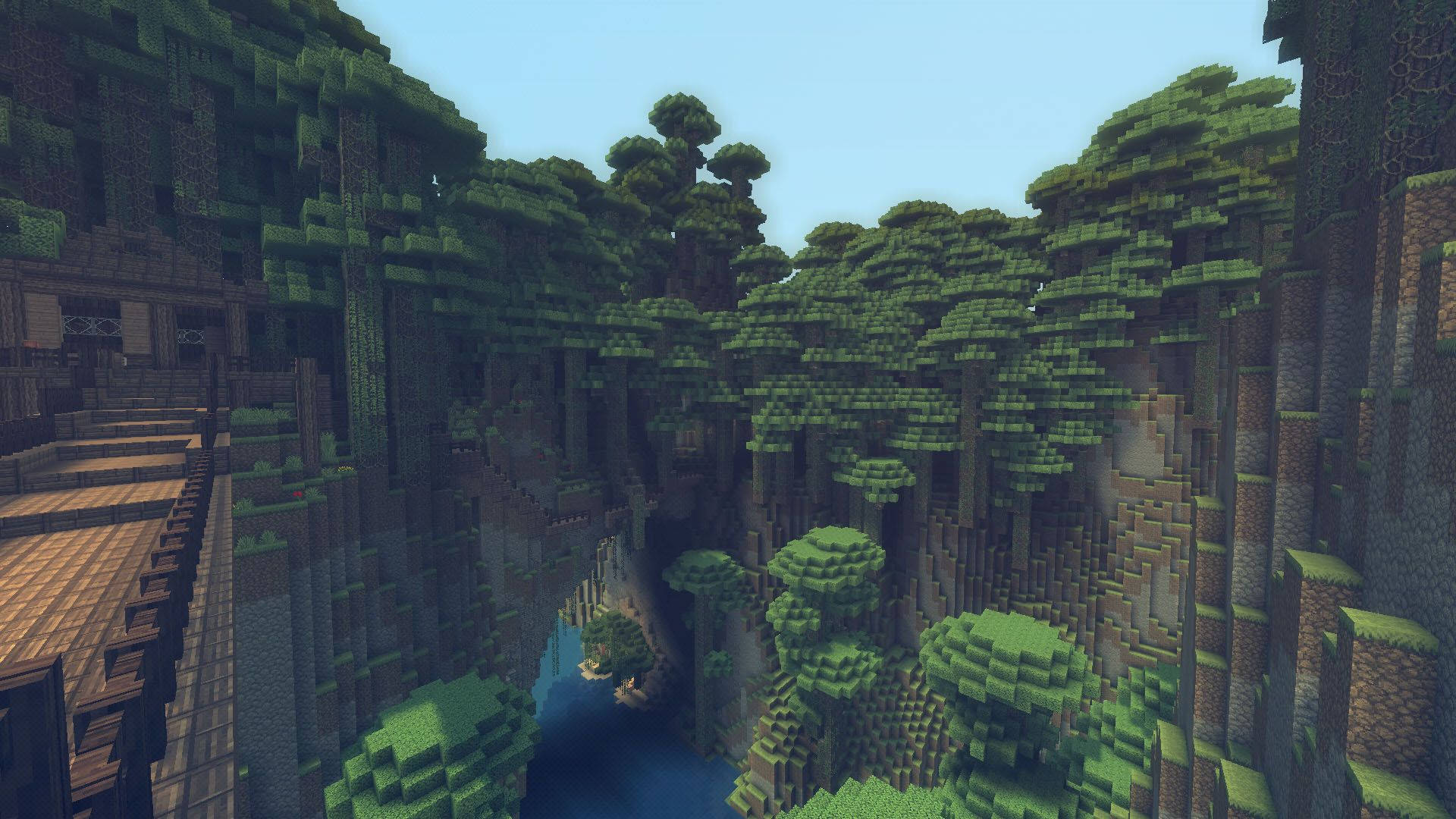 Minecraft, canyon, lush green trees, Full HD Desktop Wallpaper