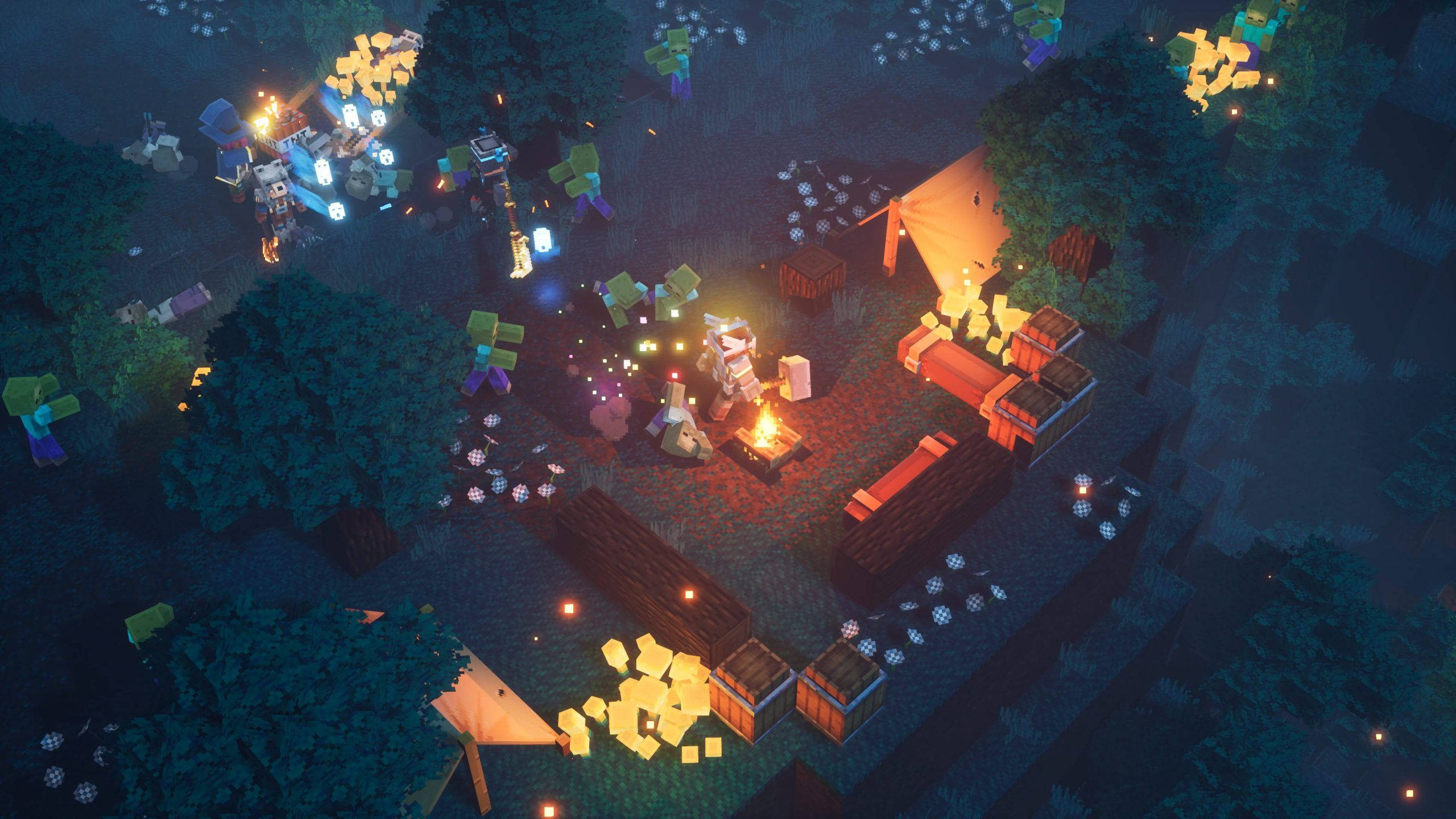 Minecraft Dungeons, campfire, torch, 2K Desktop Wallpaper