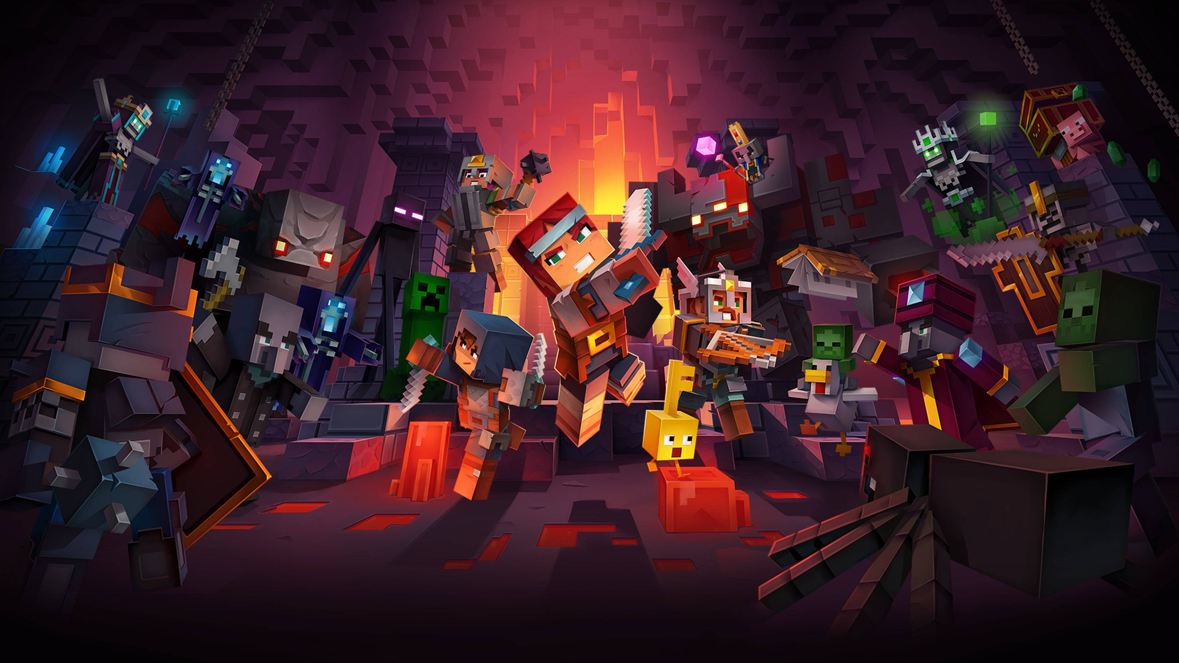 Minecraft Dungeons, pixelated characters, mobs, 4K Desktop Wallpaper