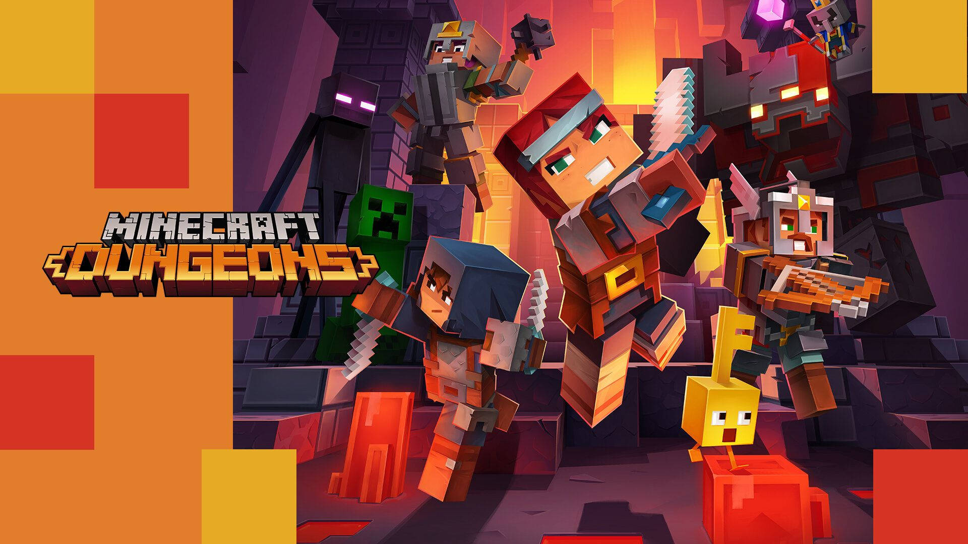 Minecraft Dungeons, pixel-art adventurers, hostile mobs, Full HD Desktop Wallpaper