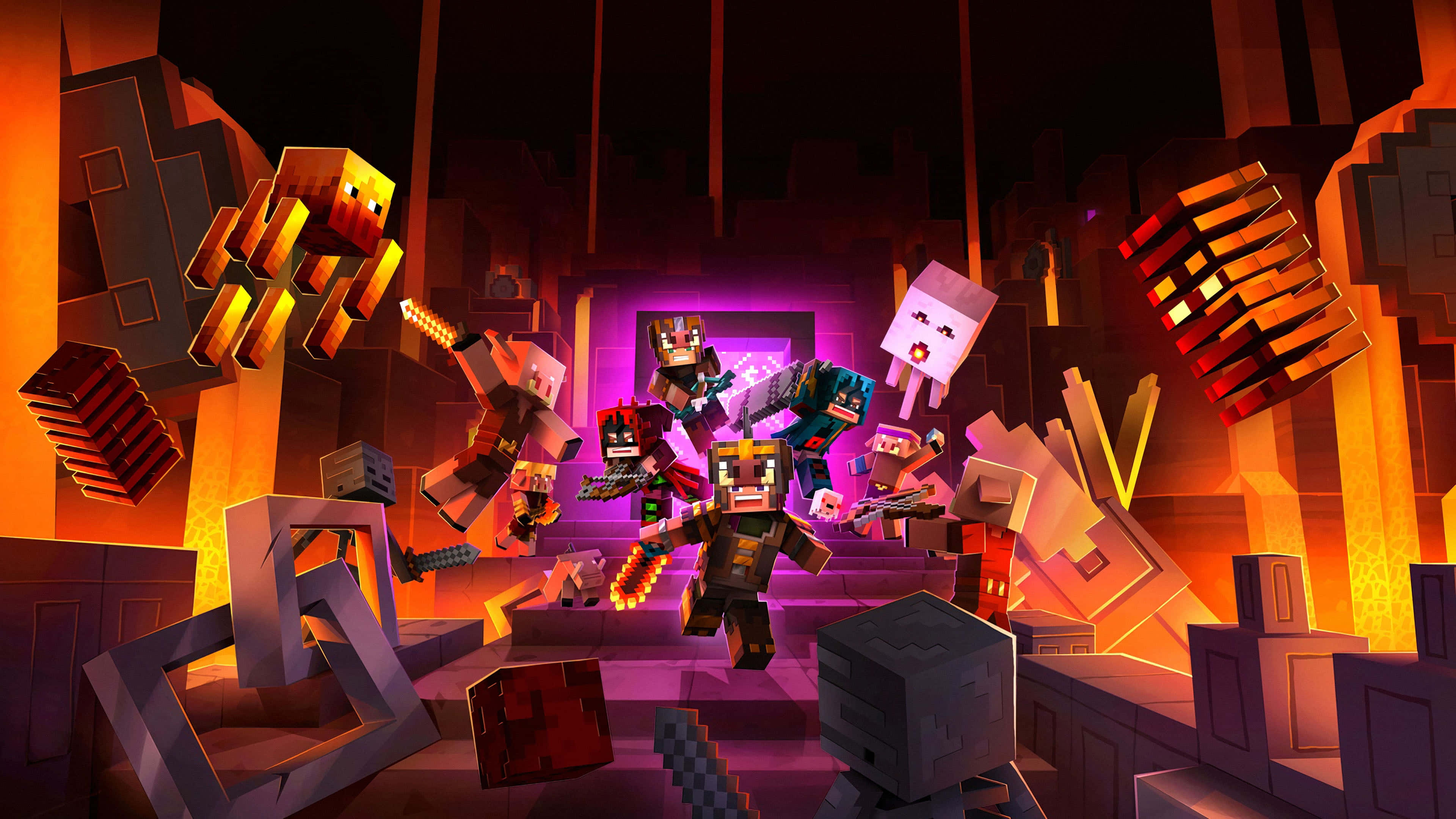 Minecraft Dungeons, pixelated characters, fiery nether fortress, 4K Desktop Wallpaper