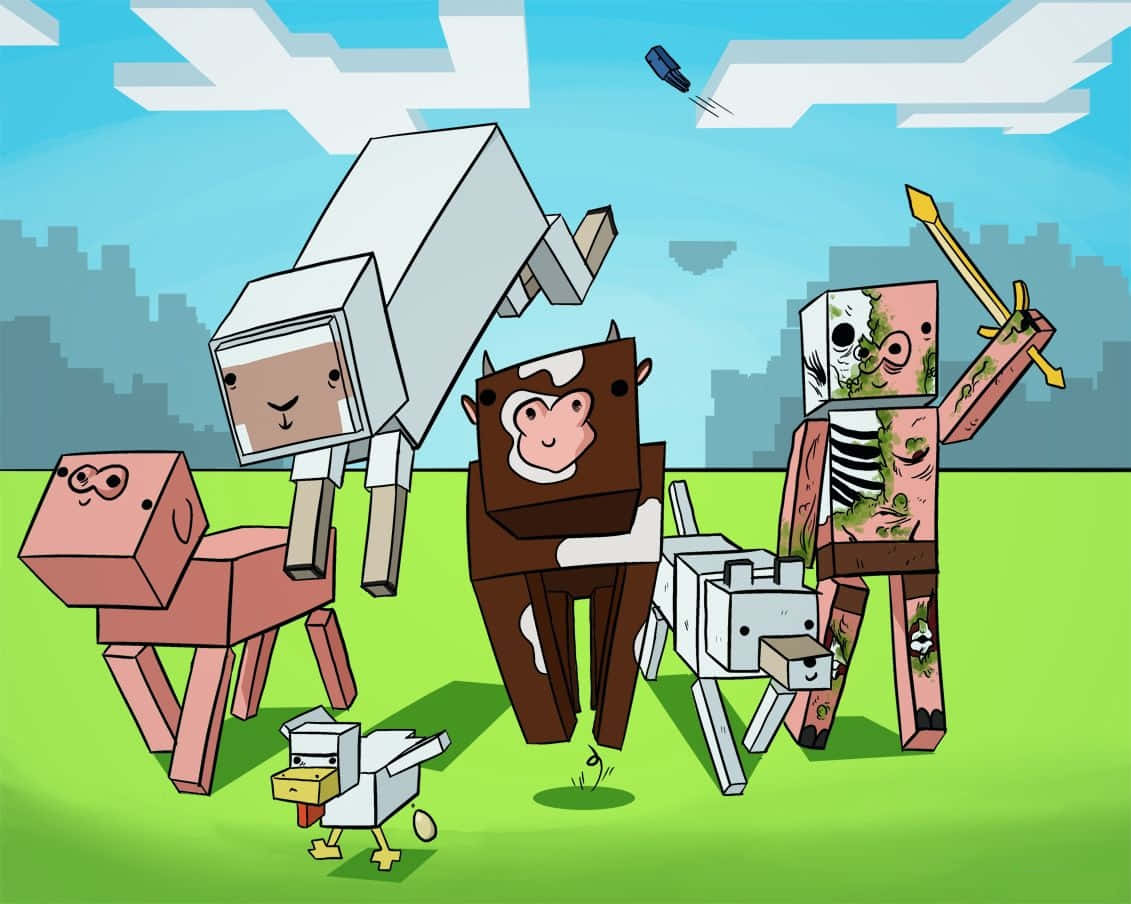 Minecraft, zombie, blocky Minecraft-style animals, SD Desktop Wallpaper