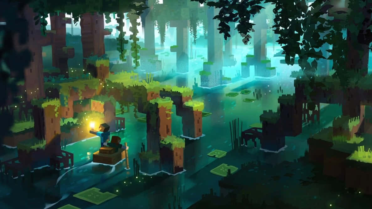 Minecraft, glowing lantern, misty jungle, SD Desktop Wallpaper