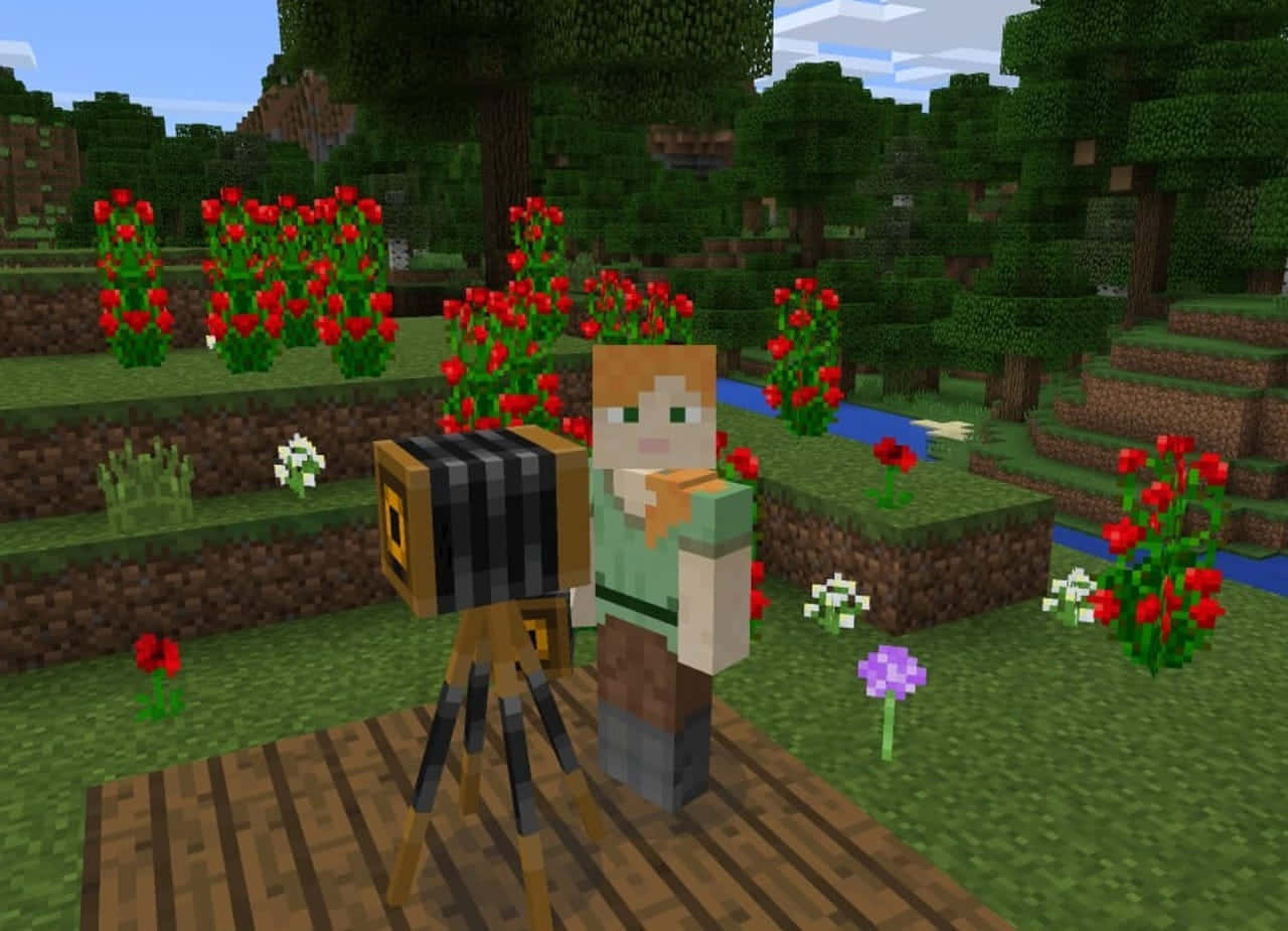 Minecraft Education Edition, pixelated forest, red flowers, HD Desktop Wallpaper