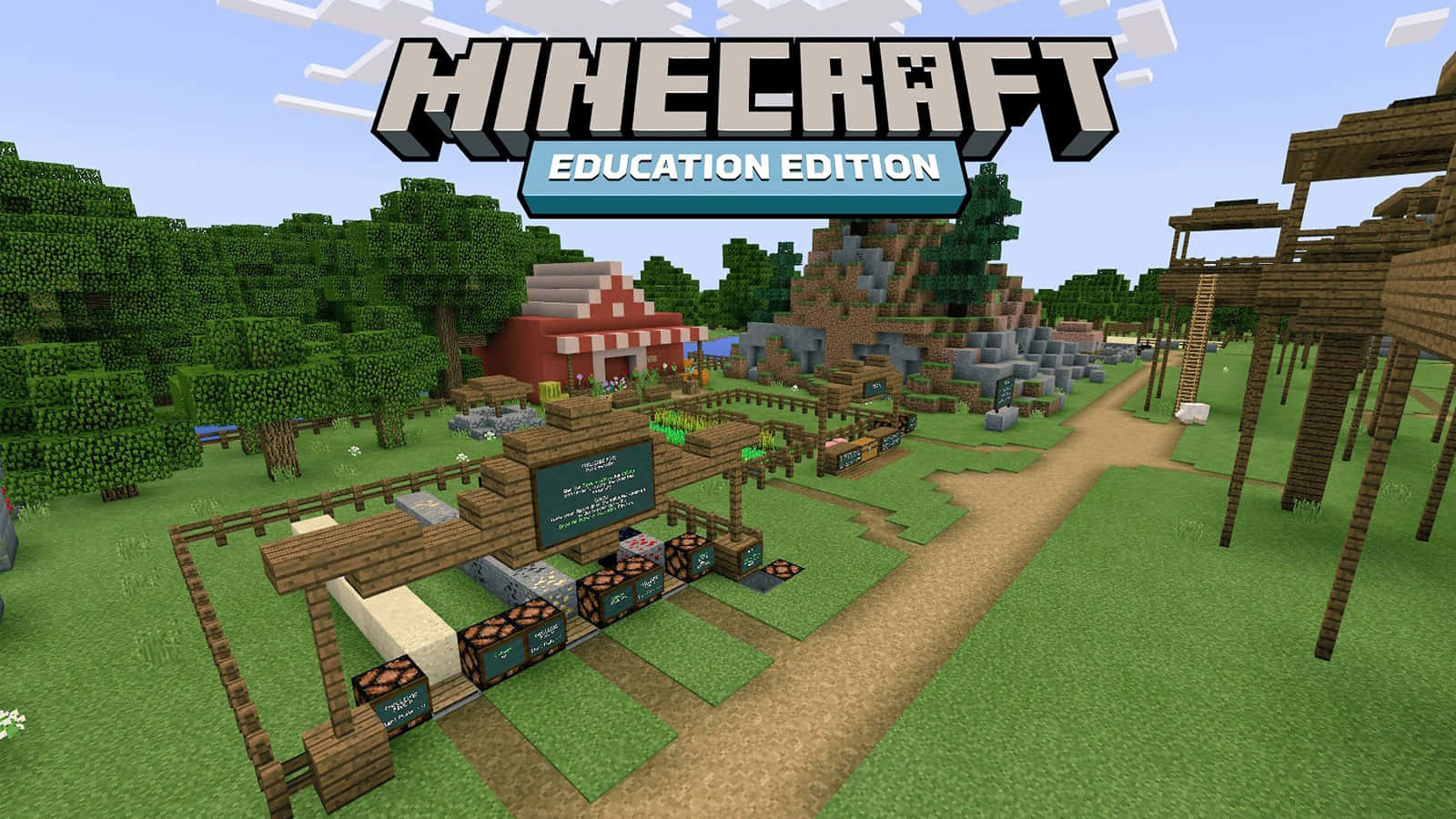 Minecraft: Education Edition, blocky trees, grass paths, HD Desktop Wallpaper