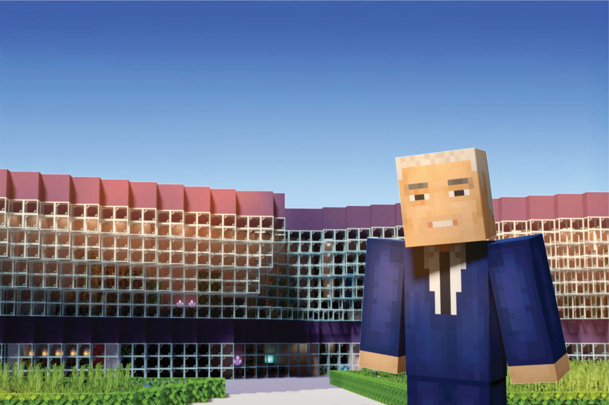 Minecraft Education Edition, blue suit, modern glass building, Full HD Desktop Wallpaper
