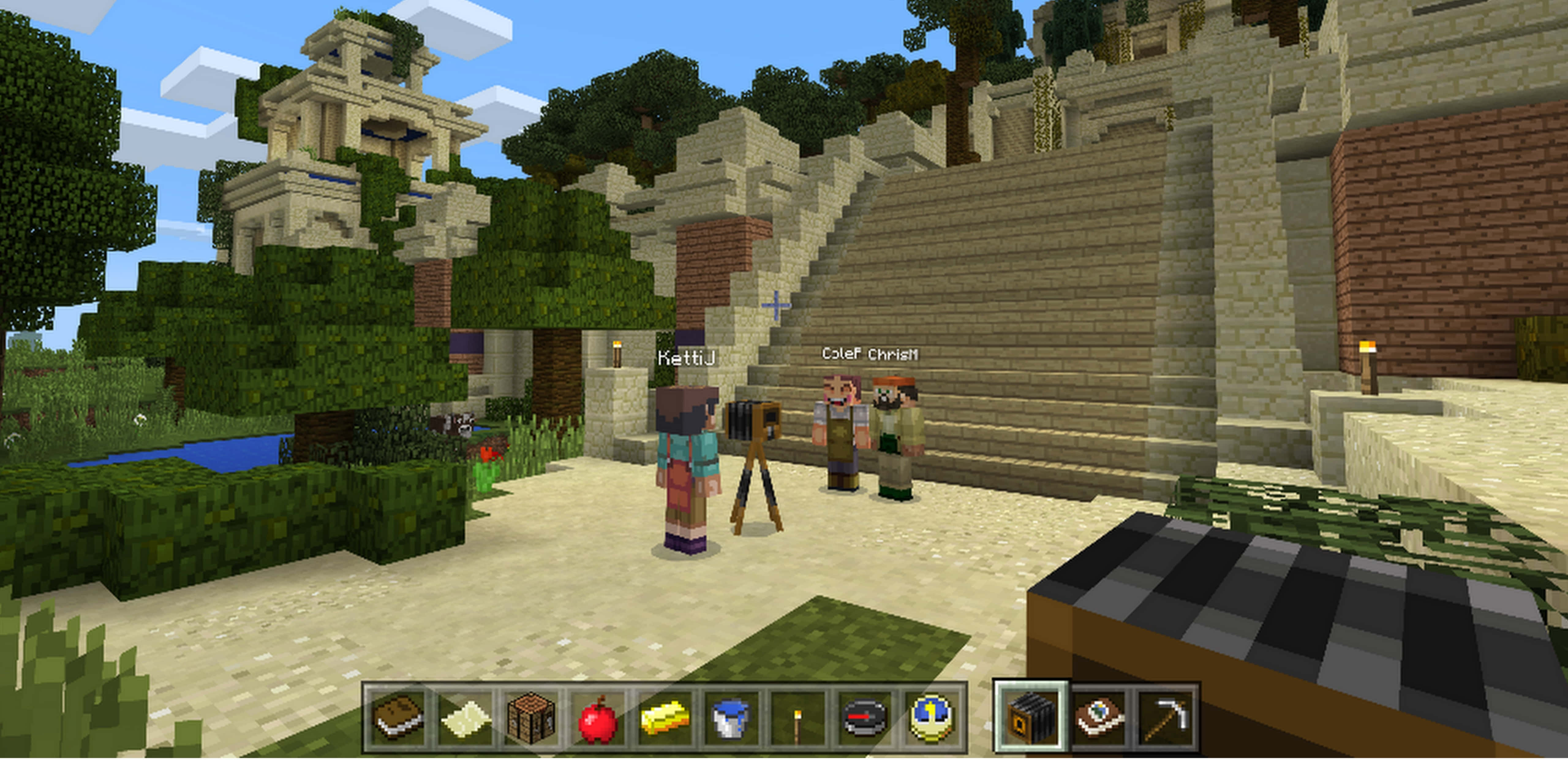Minecraft Education Edition, stone temple, lush trees, 5K Desktop Wallpaper