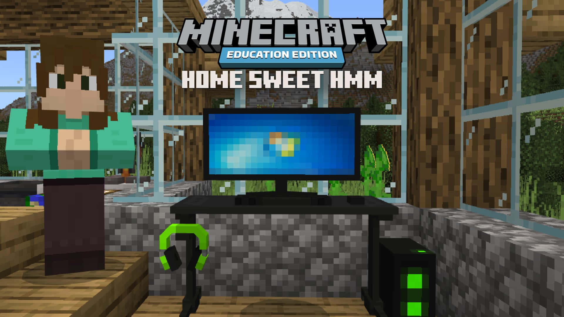 Minecraft Education Edition, pixelated wooden room, computer, Full HD Desktop Wallpaper