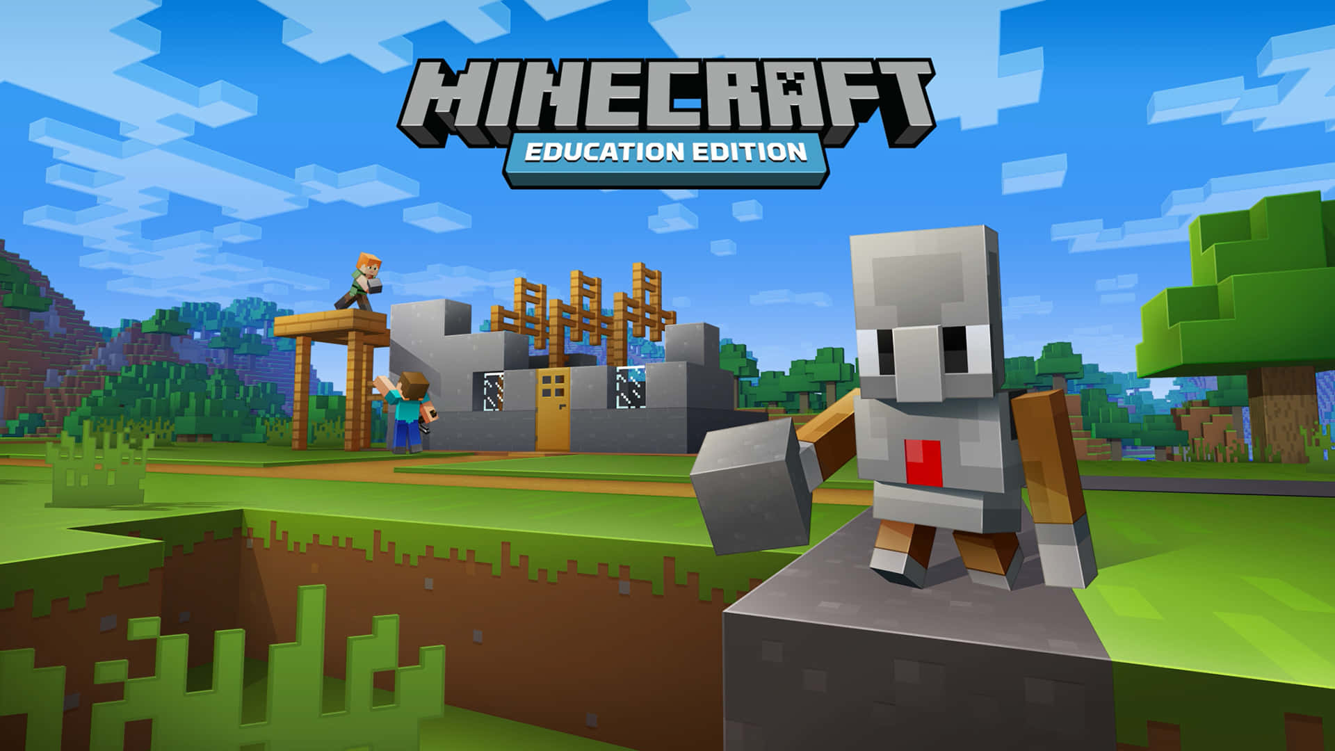 Minecraft Education Edition, blocky characters, bright blue sky, Full HD Desktop Wallpaper