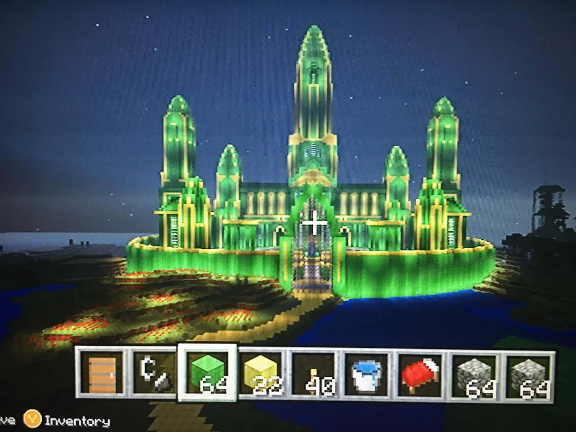 Minecraft Emeralds, glowing green pixelated castle, night, Full HD Desktop Wallpaper