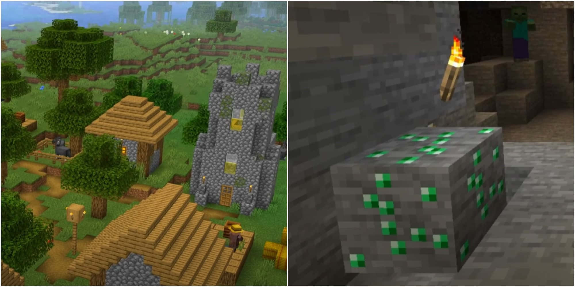 Minecraft, Emeralds, wooden houses, Full HD Desktop Wallpaper