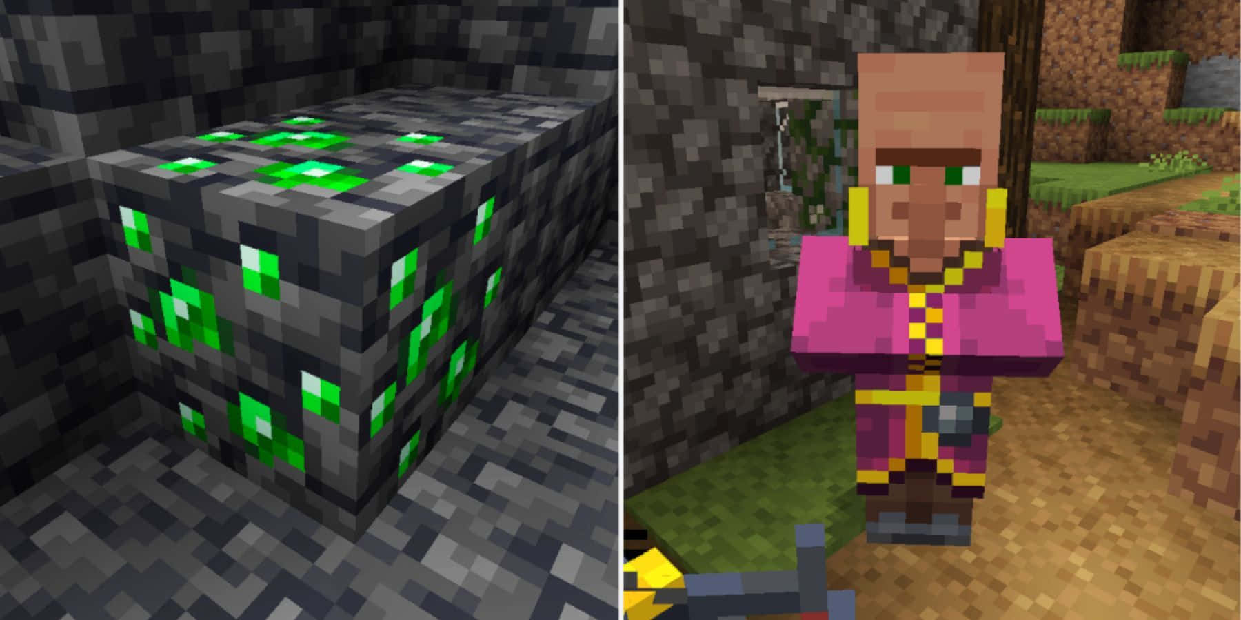 Minecraft emeralds, pink robe, glowing green diamond ore block, HD Desktop Wallpaper