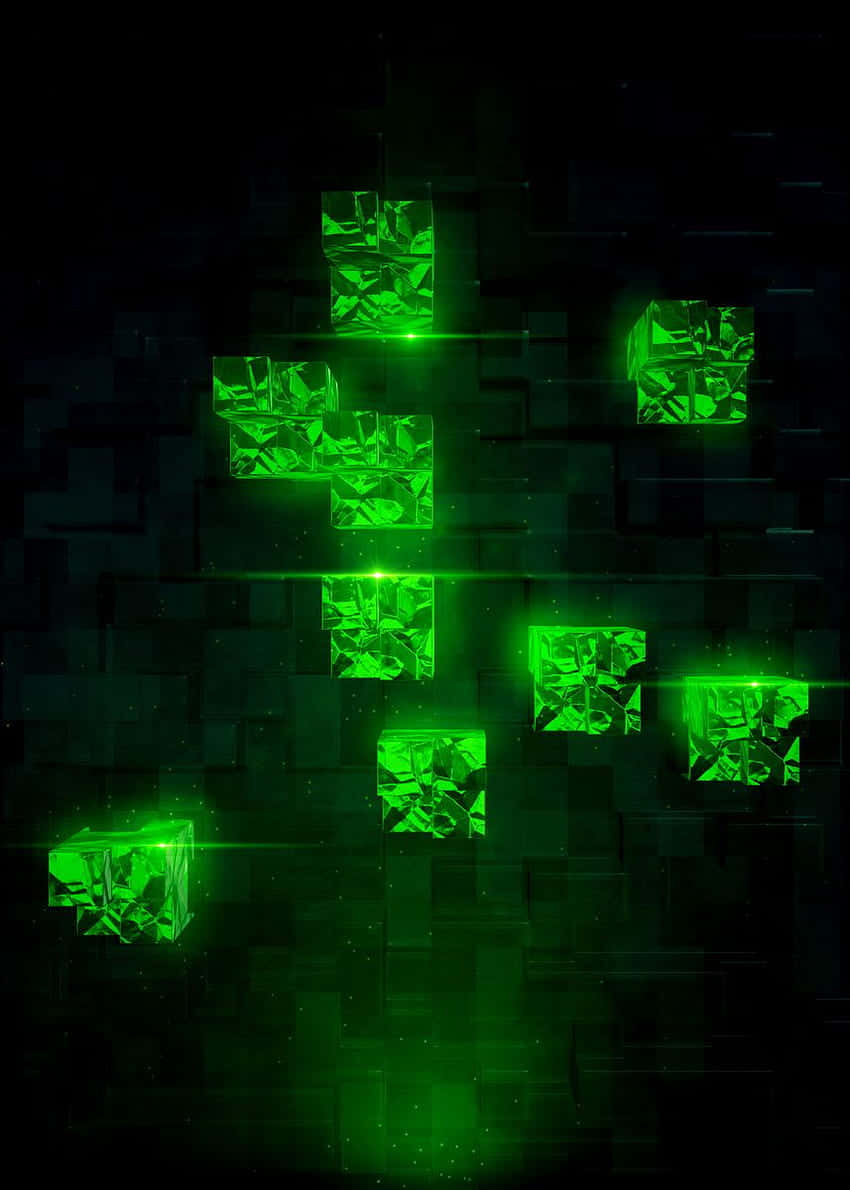 Minecraft Emeralds, glowing green crystalline cubes, dark digital grid, SD Phone Wallpaper