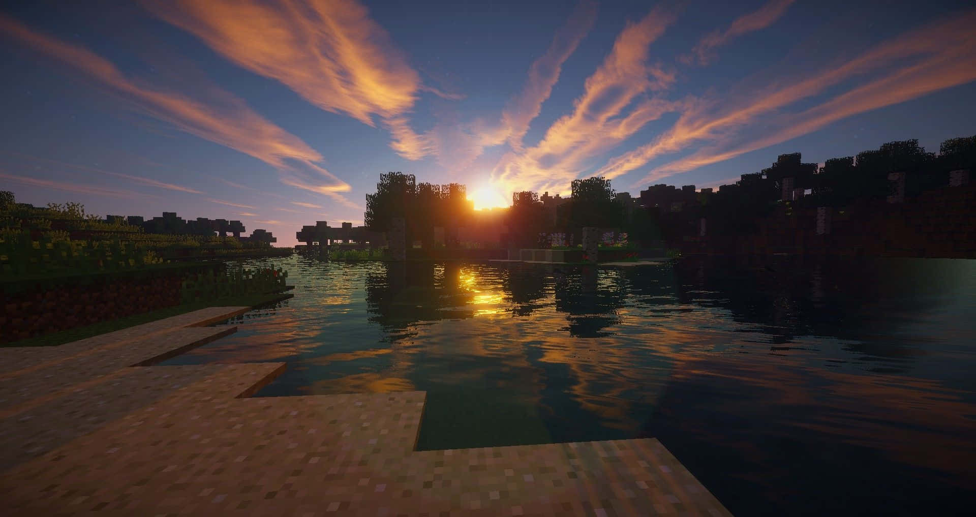 Minecraft, Sunset, pixelated lake, Full HD Desktop Wallpaper