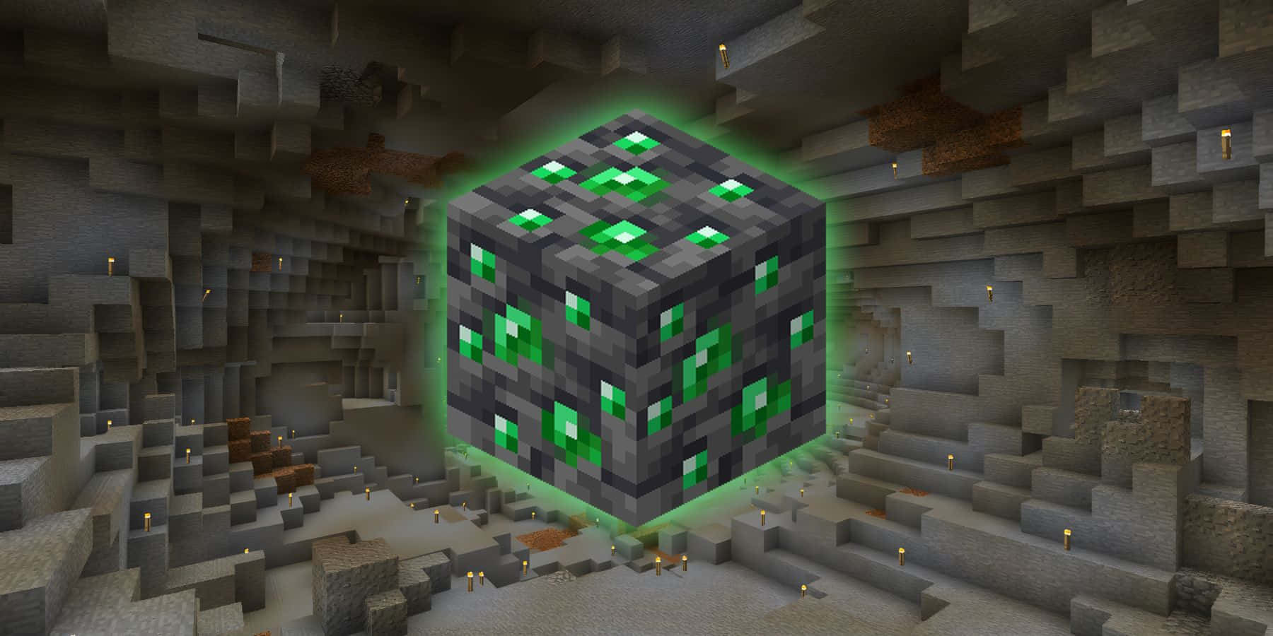 Minecraft Emeralds, glowing green diamond ore block, dimly lit Minecraft cave, HD Desktop Wallpaper