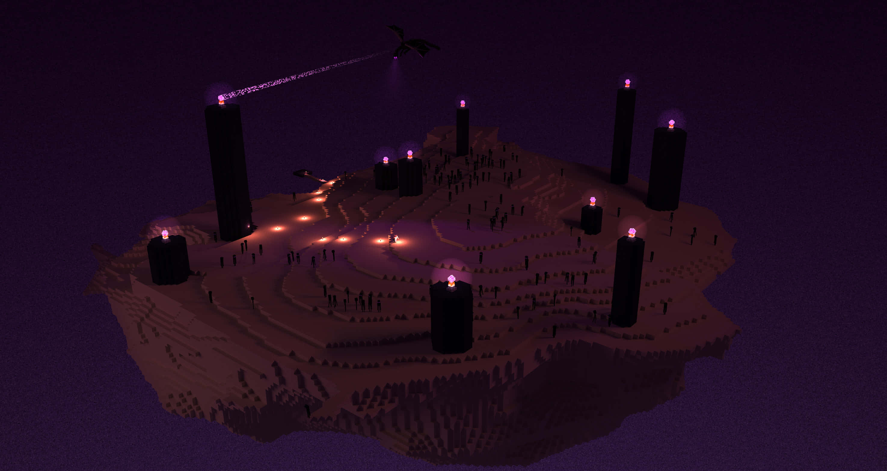 Minecraft, floating island, glowing purple pillars, 2K Desktop Wallpaper