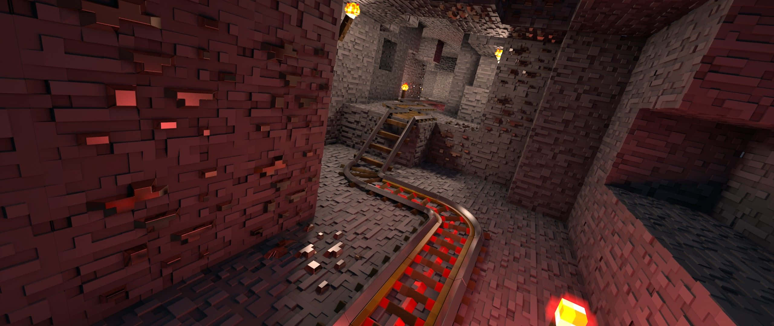 Minecraft, ultra wide gaming, red rail track, 2K Desktop Wallpaper