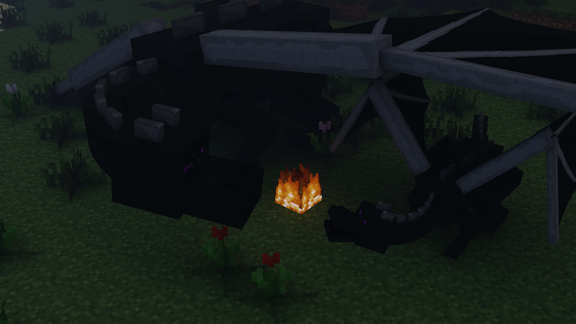 Minecraft Ender Dragon, pixelated black dragon, glowing purple eyes, Full HD Desktop Wallpaper