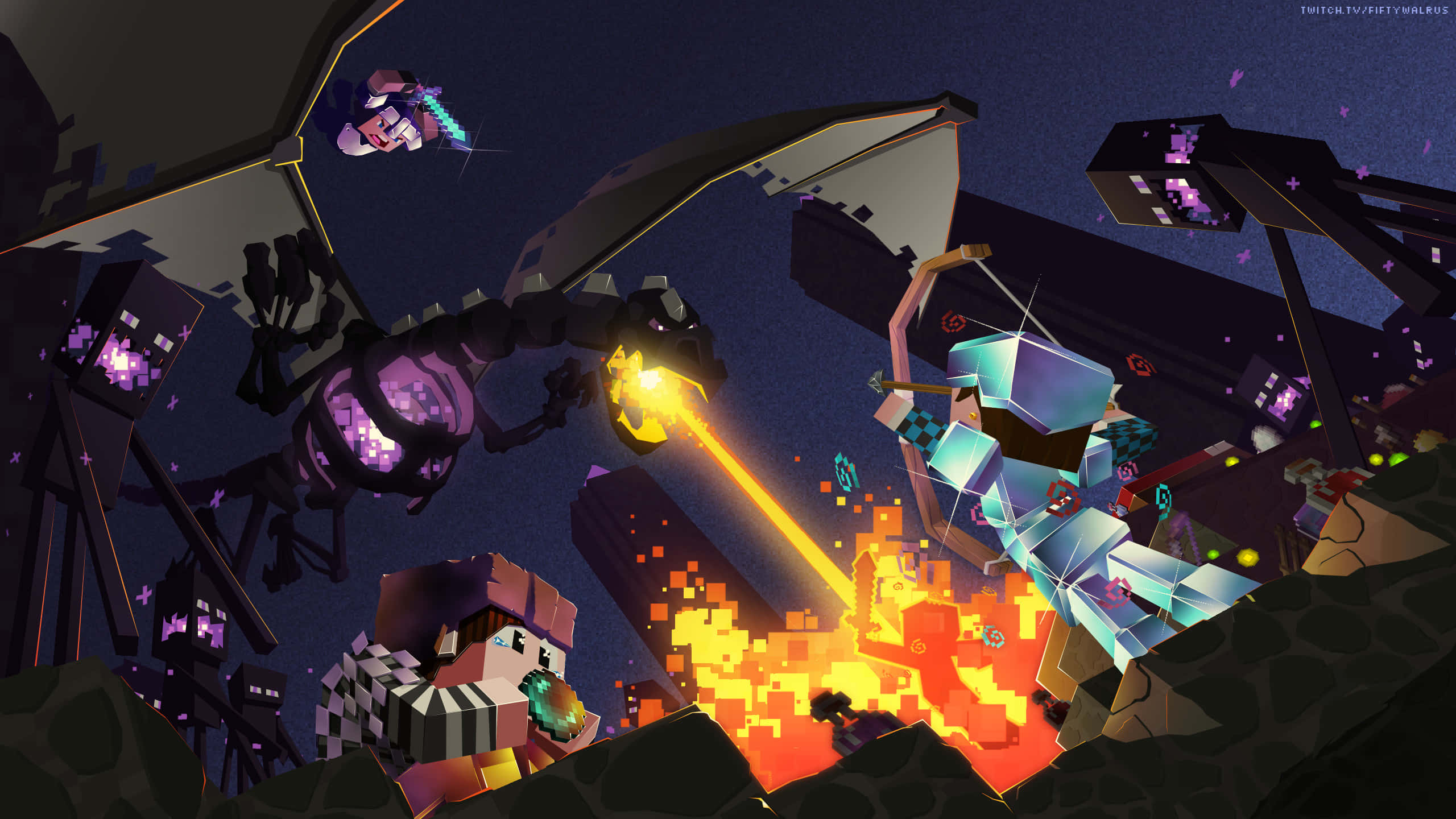 Minecraft Ender Dragon, glowing creatures, starry night sky, 2K Desktop Wallpaper