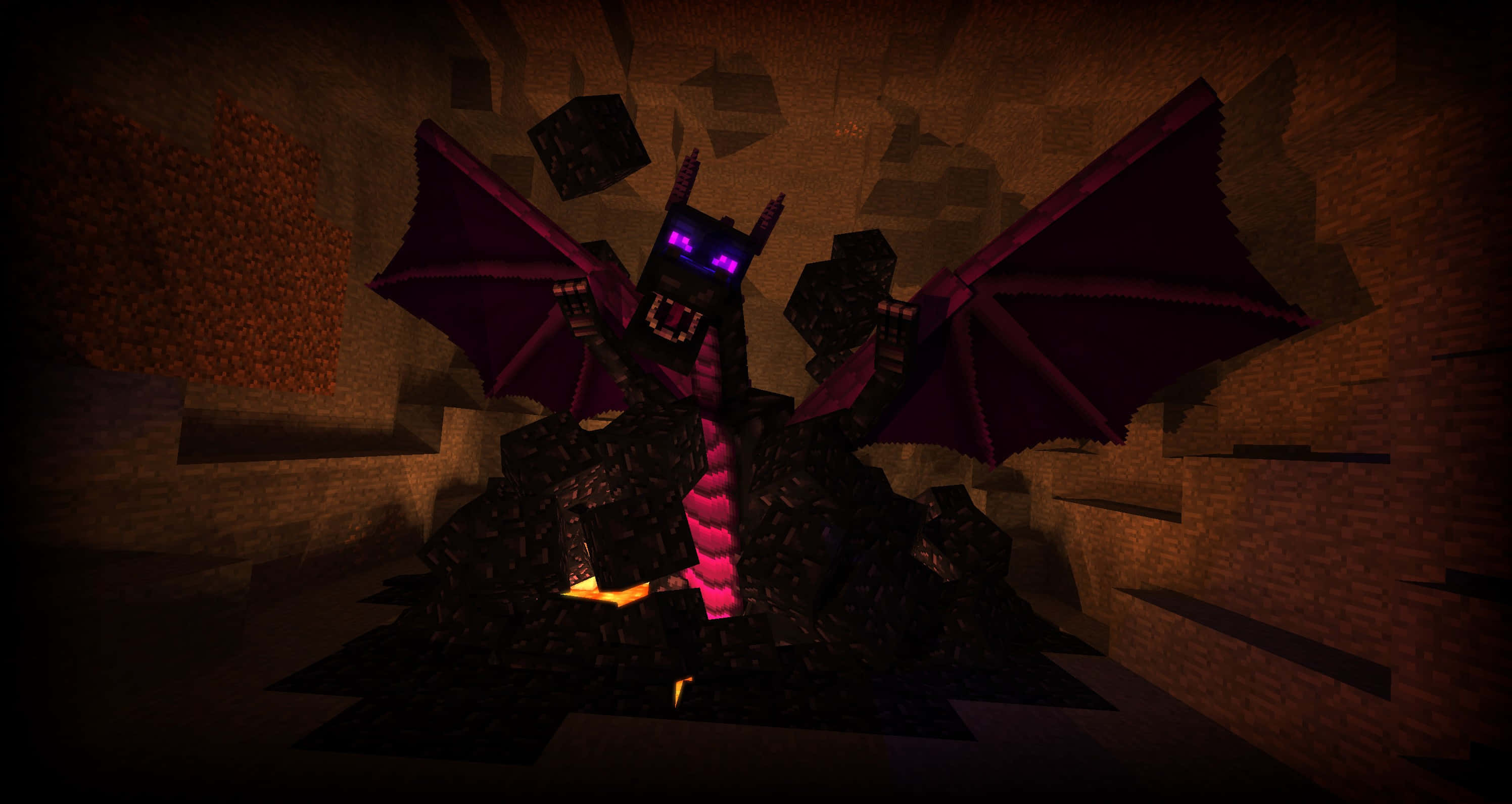 Minecraft Ender Dragon, glowing purple eyes, wings, 2K Desktop Wallpaper