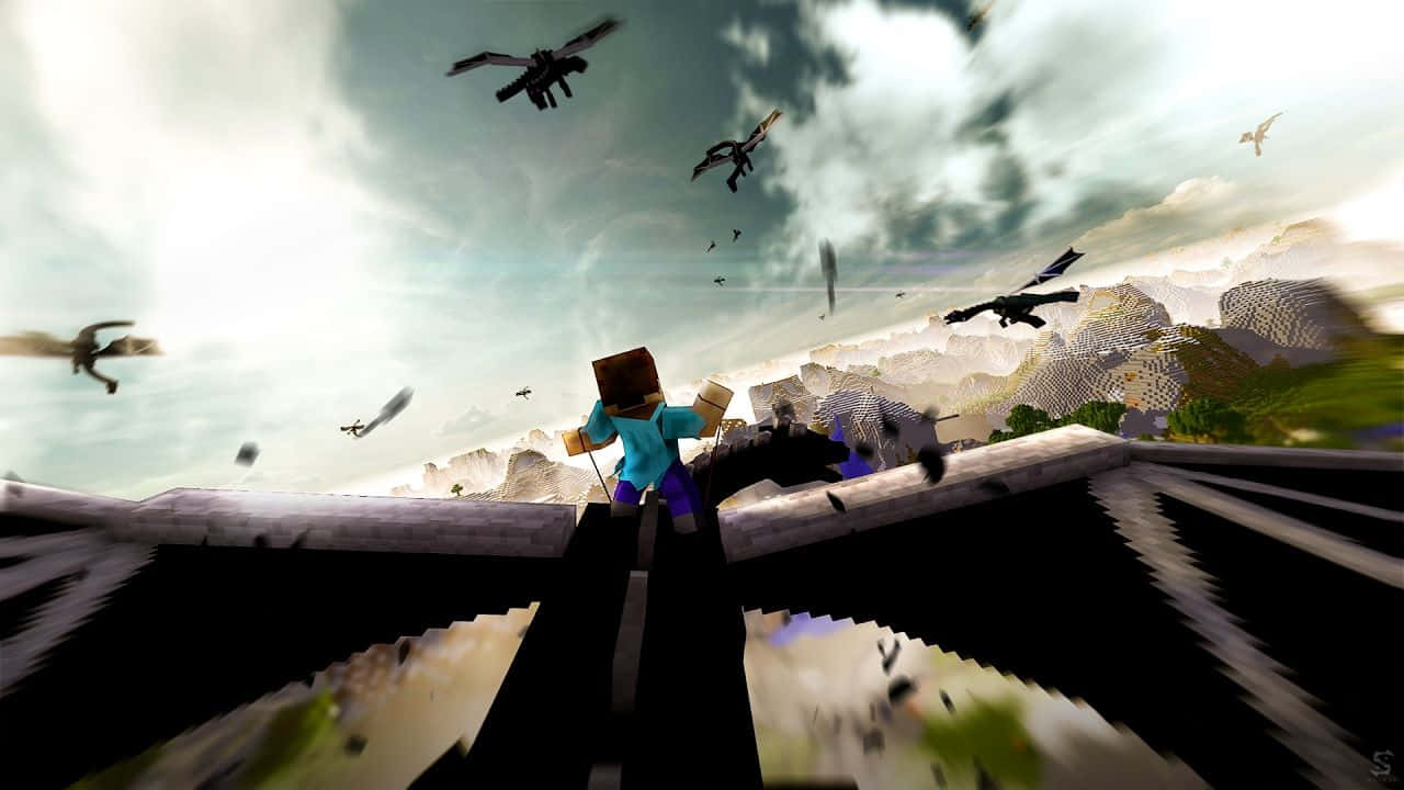 Minecraft Ender Dragon, blocky mountains, cloudy sky, HD Desktop Wallpaper