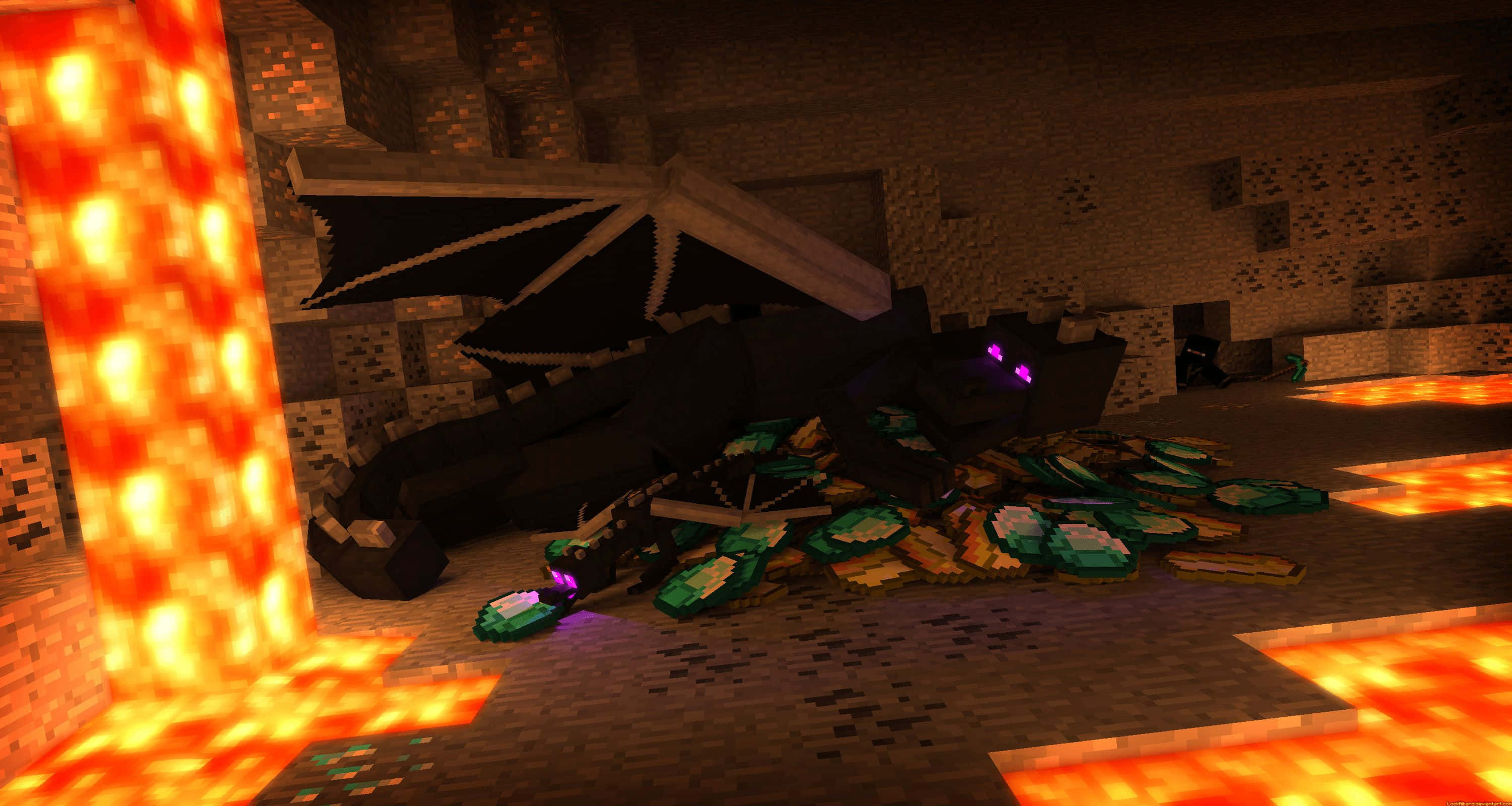 Minecraft Ender Dragon, lava-filled Nether fortress, glowing blocks, 2K Desktop Wallpaper