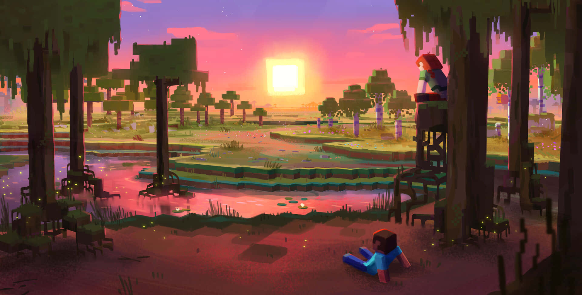 Minecraft, pixelated swamp, sunset, Full HD Desktop Wallpaper