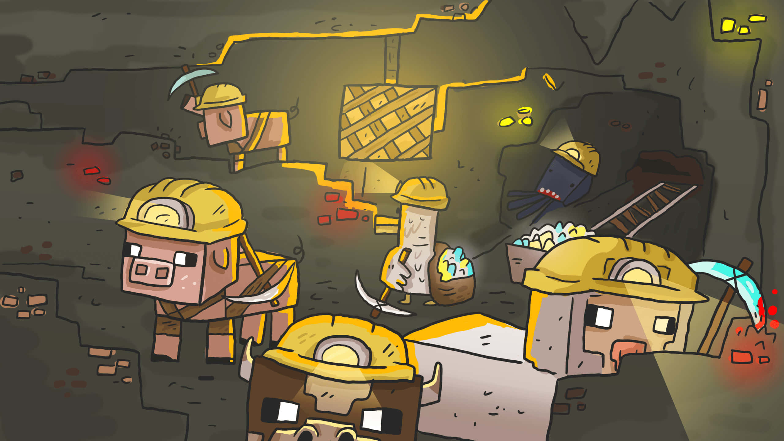 Minecraft, blocky miners, yellow helmets, 2K Desktop Wallpaper