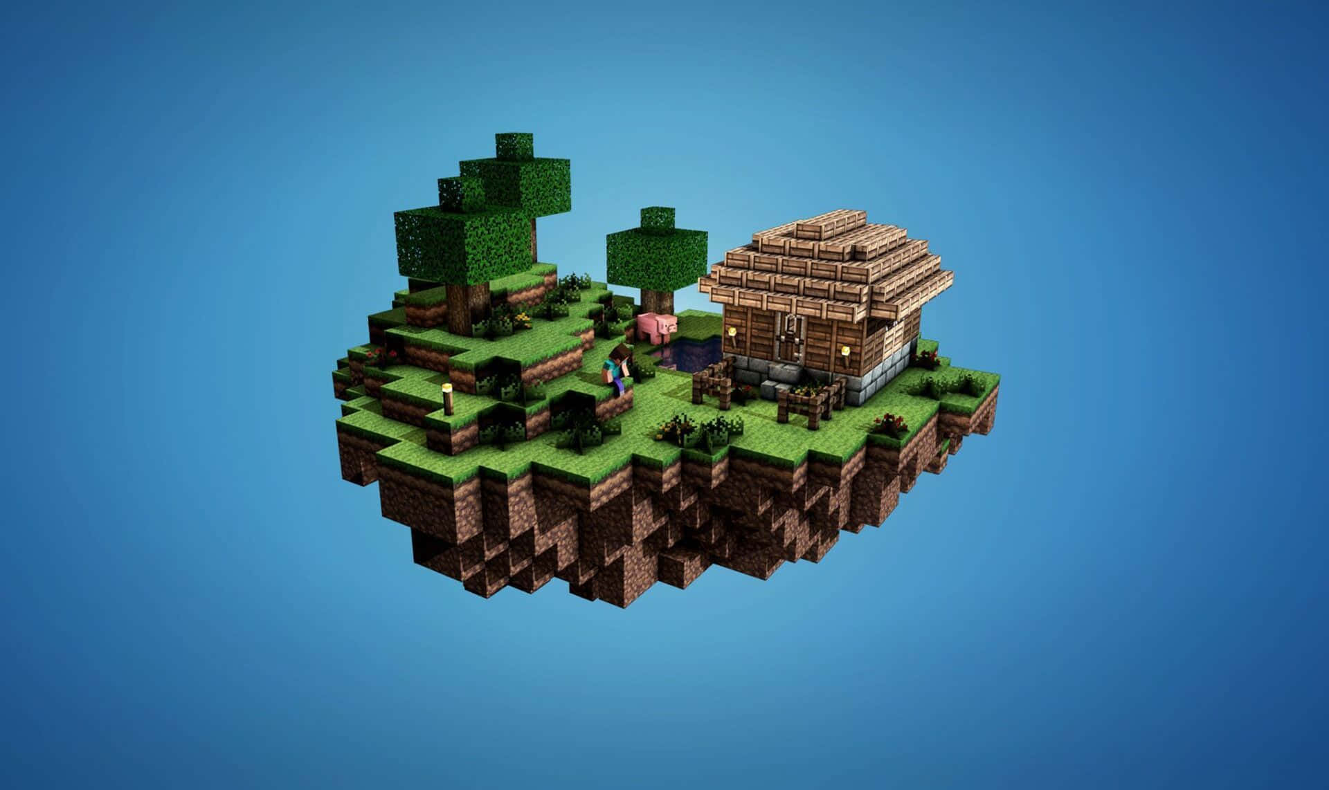 Minecraft, floating Minecraft island, wooden house, Full HD Desktop Wallpaper