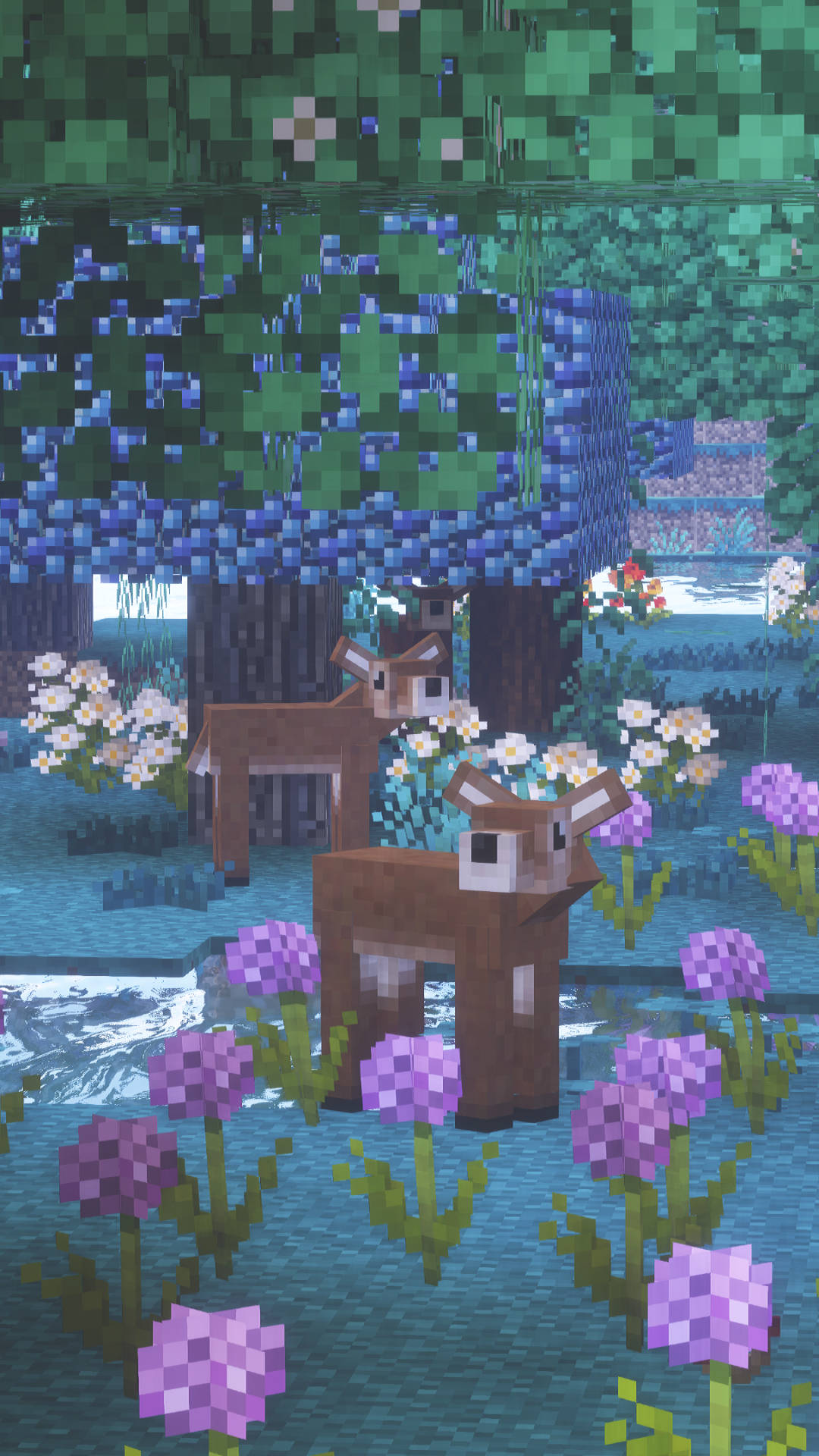 Minecraft, pixelated deer, shallow stream, Full HD Phone Wallpaper