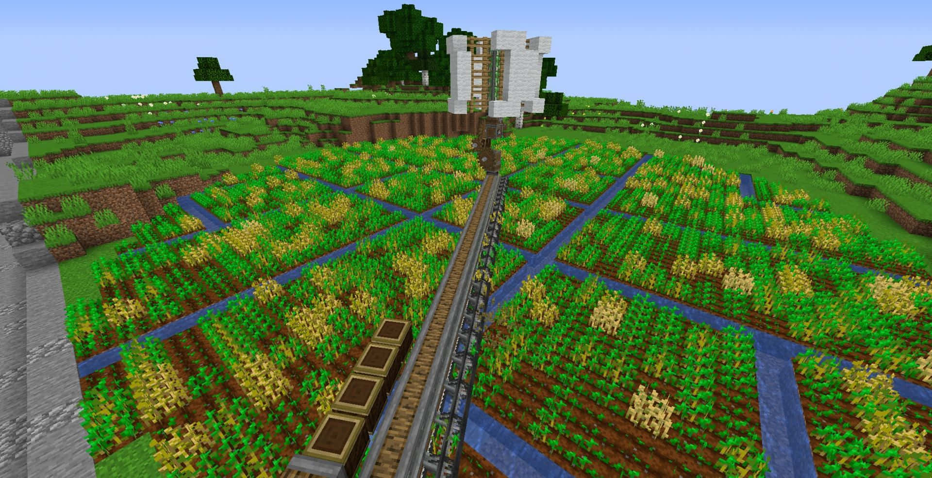 Minecraft, pixelated landscape, train, Full HD Desktop Wallpaper