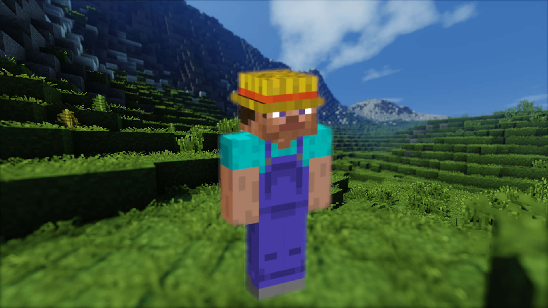 Minecraft, blue overalls, yellow hat, Full HD Desktop Wallpaper