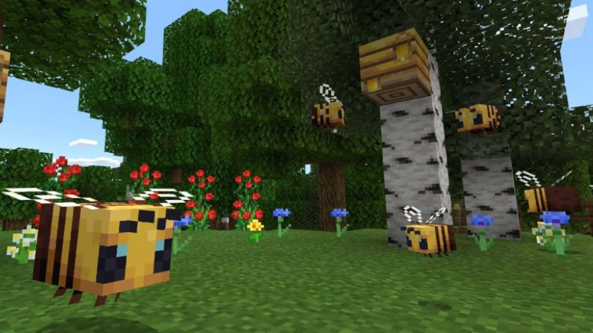 Minecraft, blocky forest, red flowers, Full HD Desktop Wallpaper