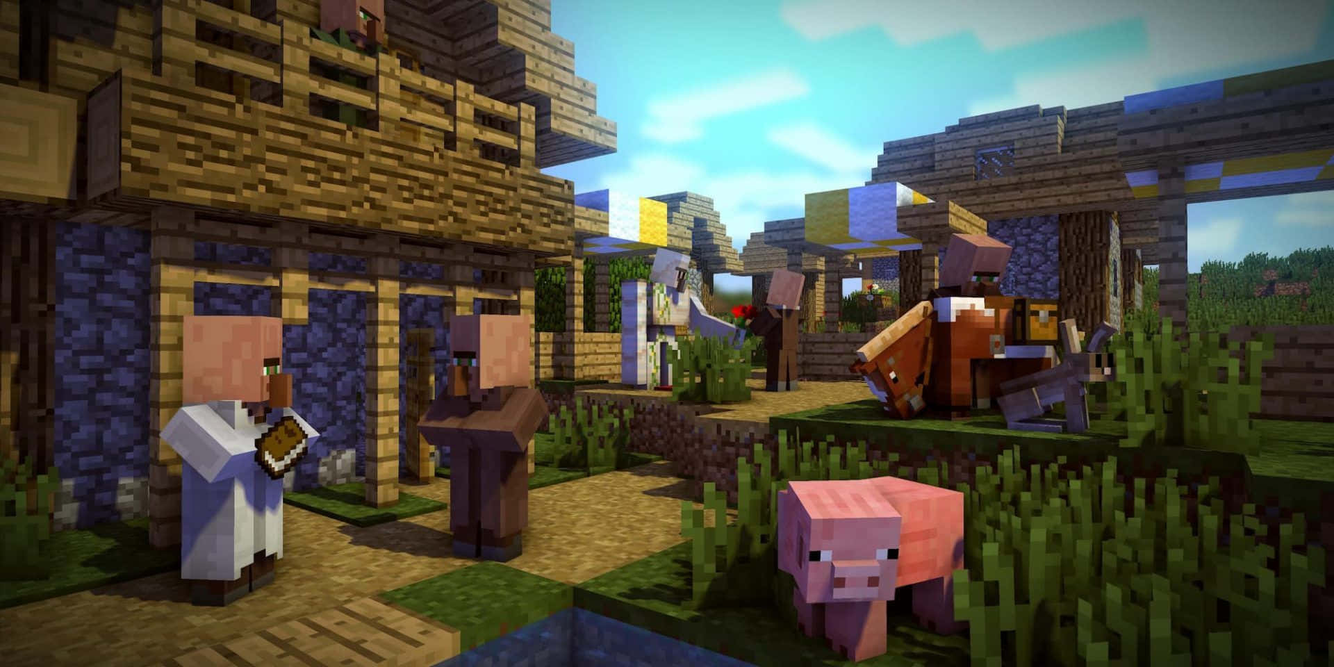 Minecraft, village, pixelated villagers, Full HD Desktop Wallpaper