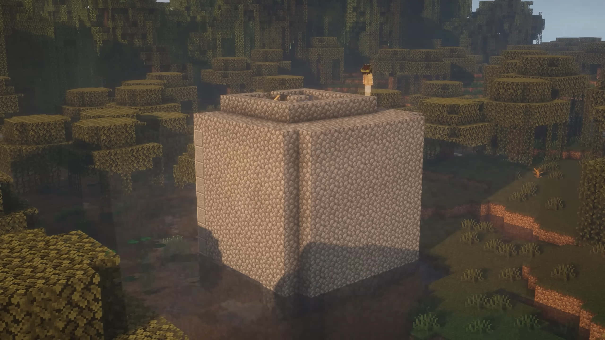 Minecraft, swampy biome, stone tower, 2K Desktop Wallpaper