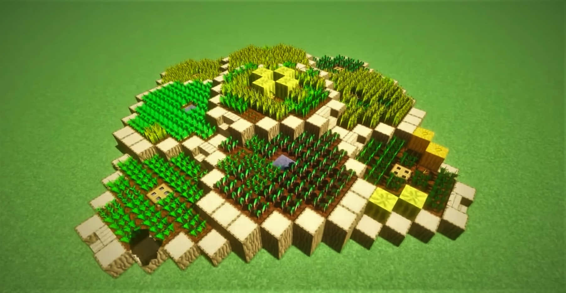 Minecraft, blocky Minecraft-style island, pixelated green grass crops, HD Desktop Wallpaper