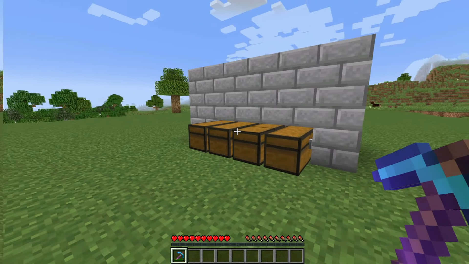 Minecraft, wooden chests, stone wall, Full HD Desktop Wallpaper
