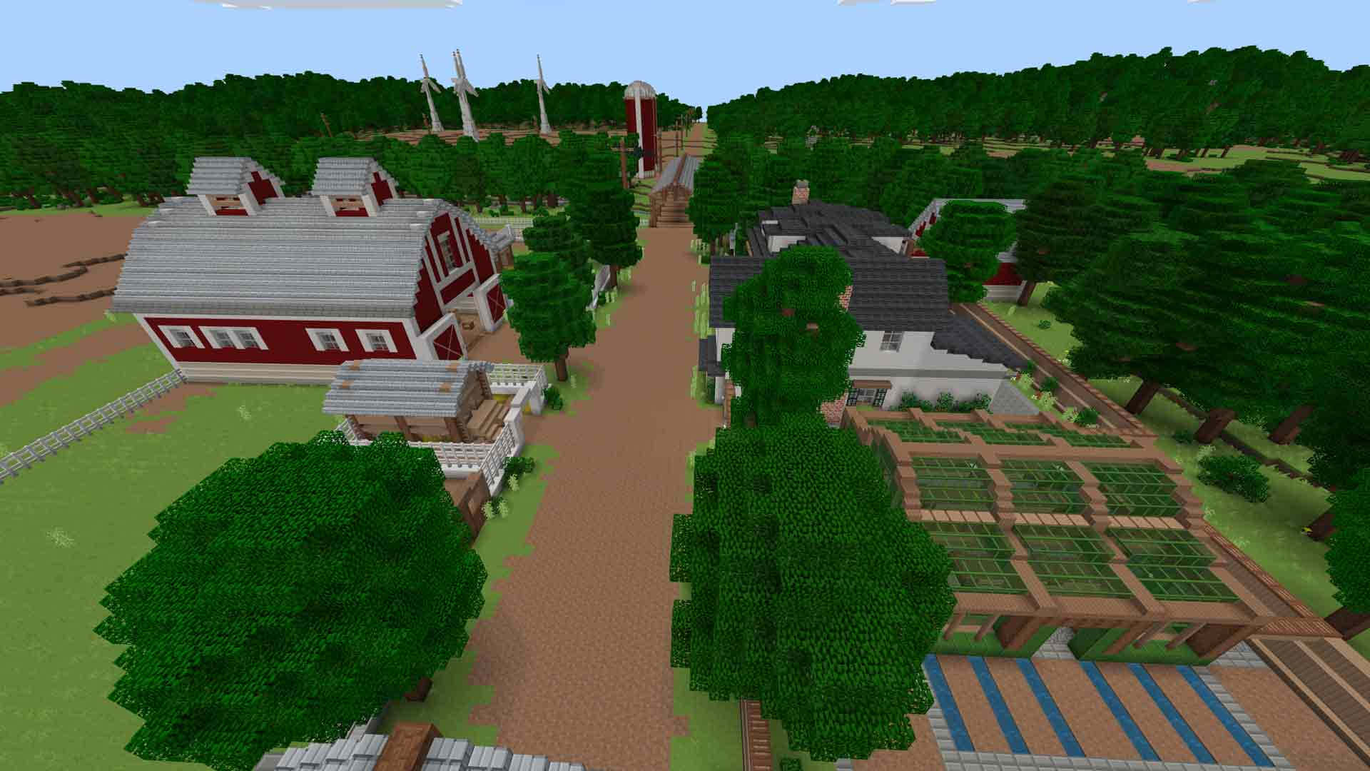 Minecraft Farming, red barns, green trees, Full HD Desktop Wallpaper