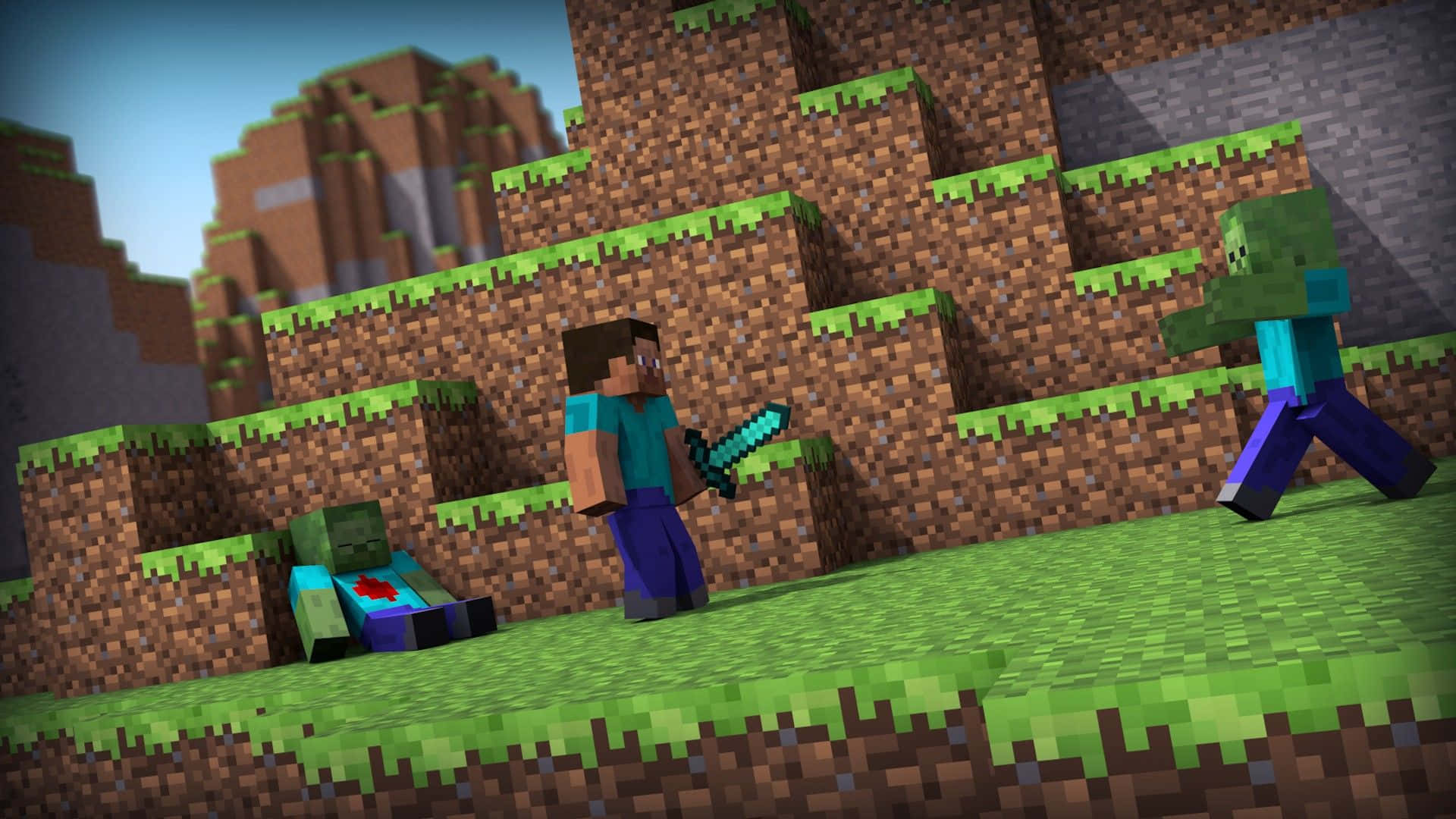 Minecraft, diamond sword, zombies, Full HD Desktop Wallpaper