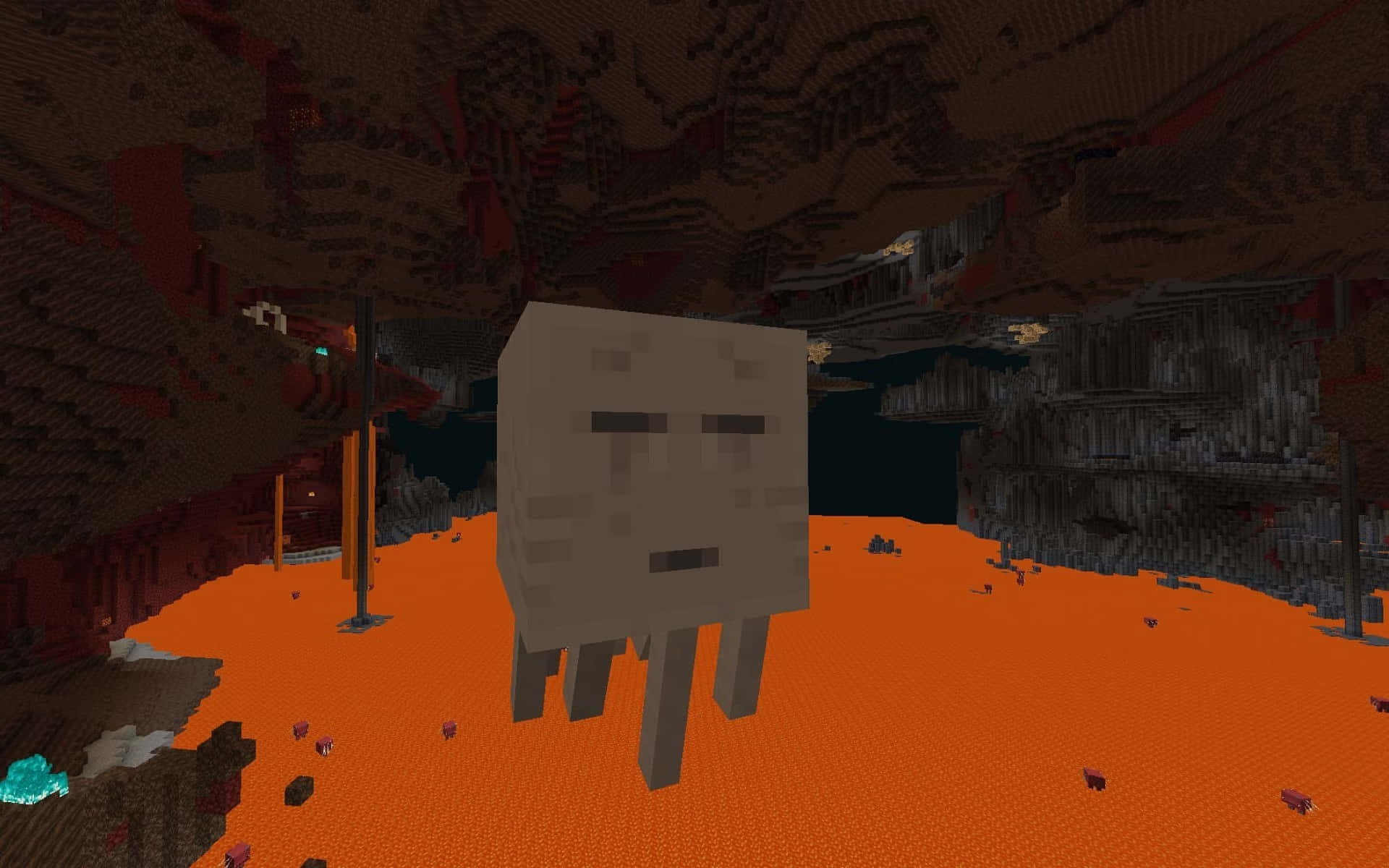 Minecraft Ghast, fiery nether cavern, jagged red and black rock formations, Full HD Desktop Wallpaper