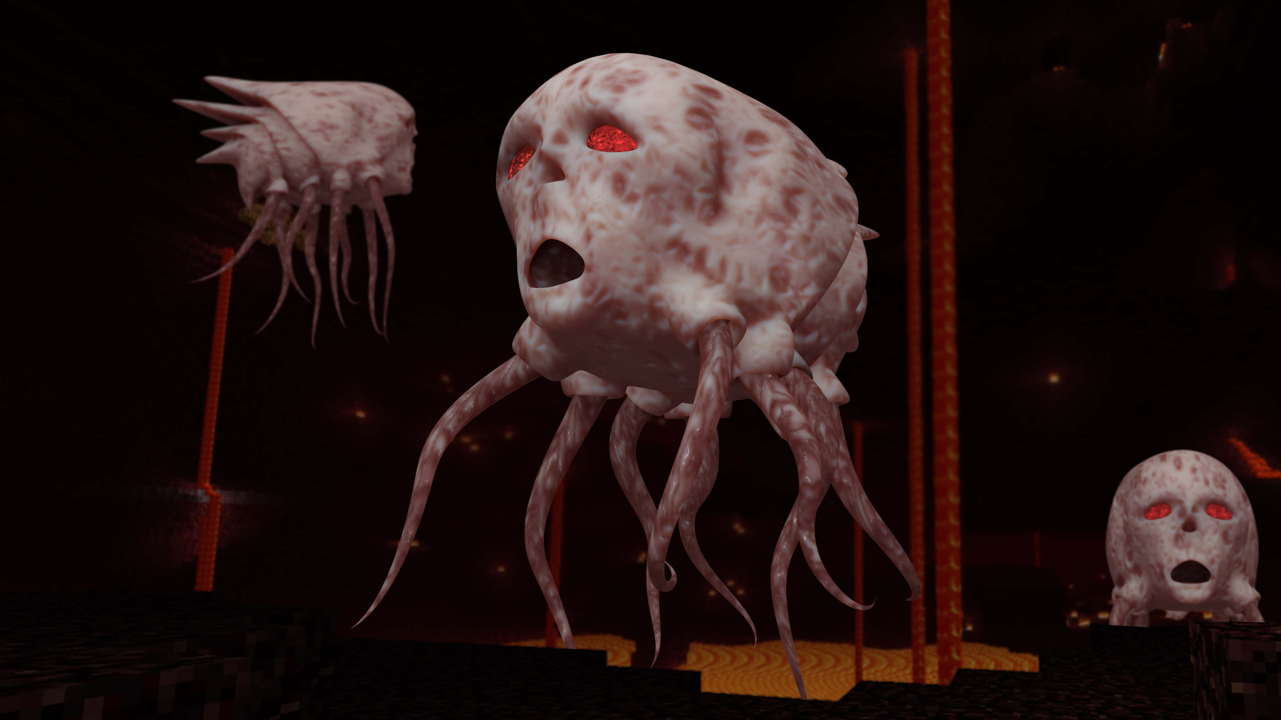 Minecraft Ghast, glowing red eyes, tentacles, 4K Desktop Wallpaper