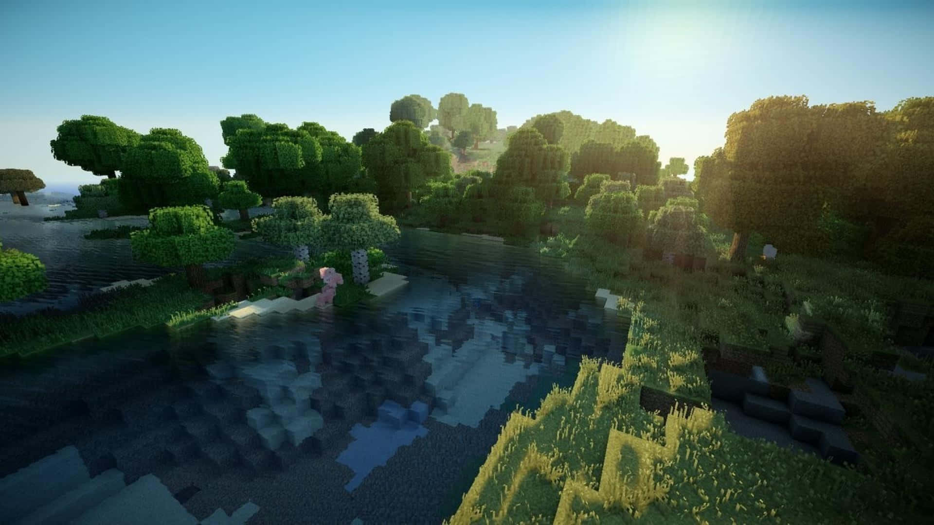 Minecraft, grass block, pixelated river, Full HD Desktop Wallpaper