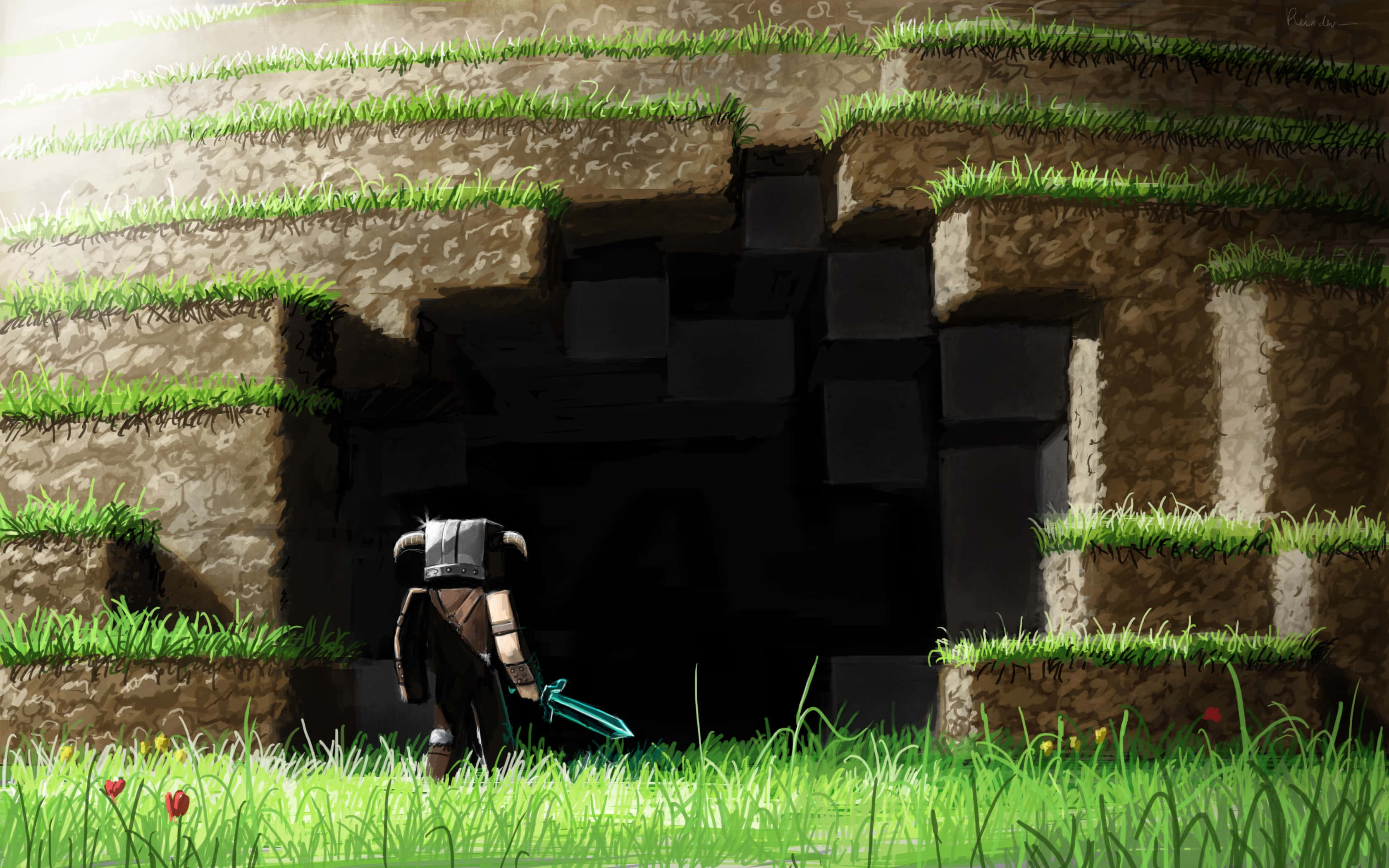 Minecraft Grass, armored warrior, dark cave entrance, 2K Desktop Wallpaper
