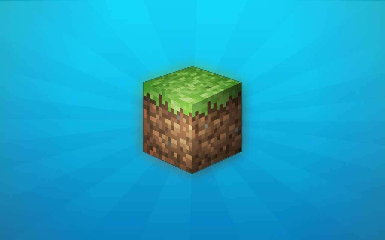 Minecraft, pixelated grass block, radiant blue gradient background, HD Desktop Wallpaper