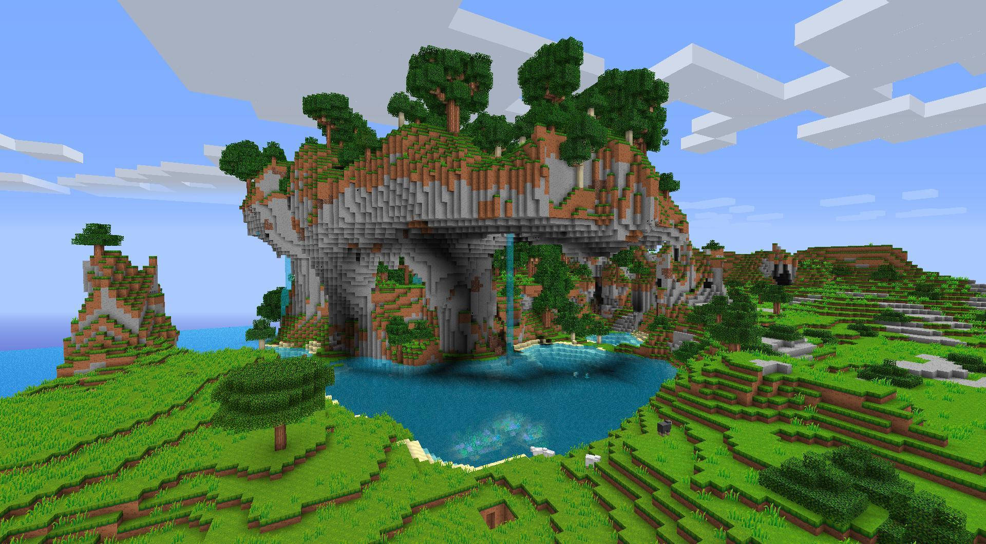 Minecraft, cliffside, waterfall, Full HD Desktop Wallpaper