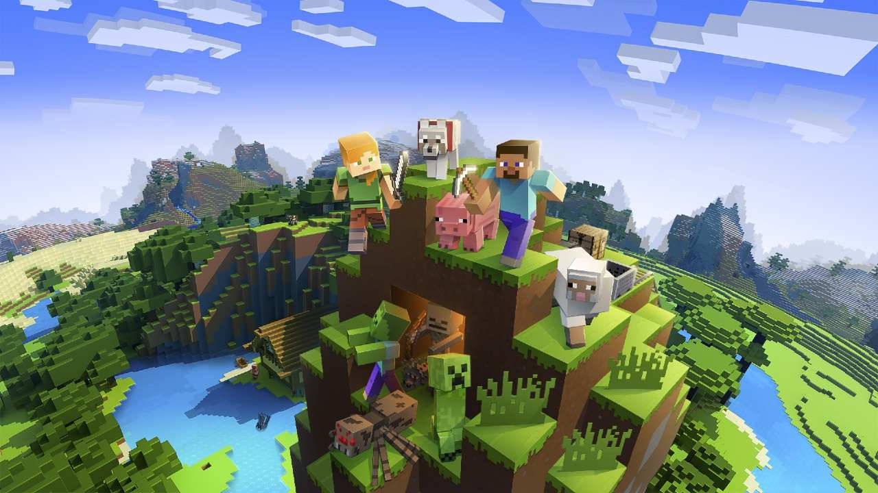 Minecraft, blocky Minecraft characters, lush green cliff, HD Desktop Wallpaper