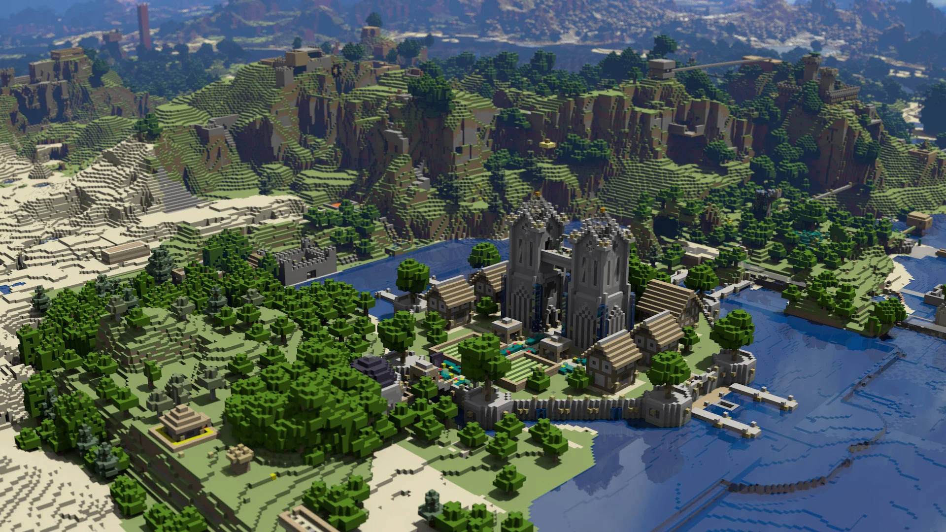 Minecraft HD, oak village, castle, Full HD Desktop Wallpaper